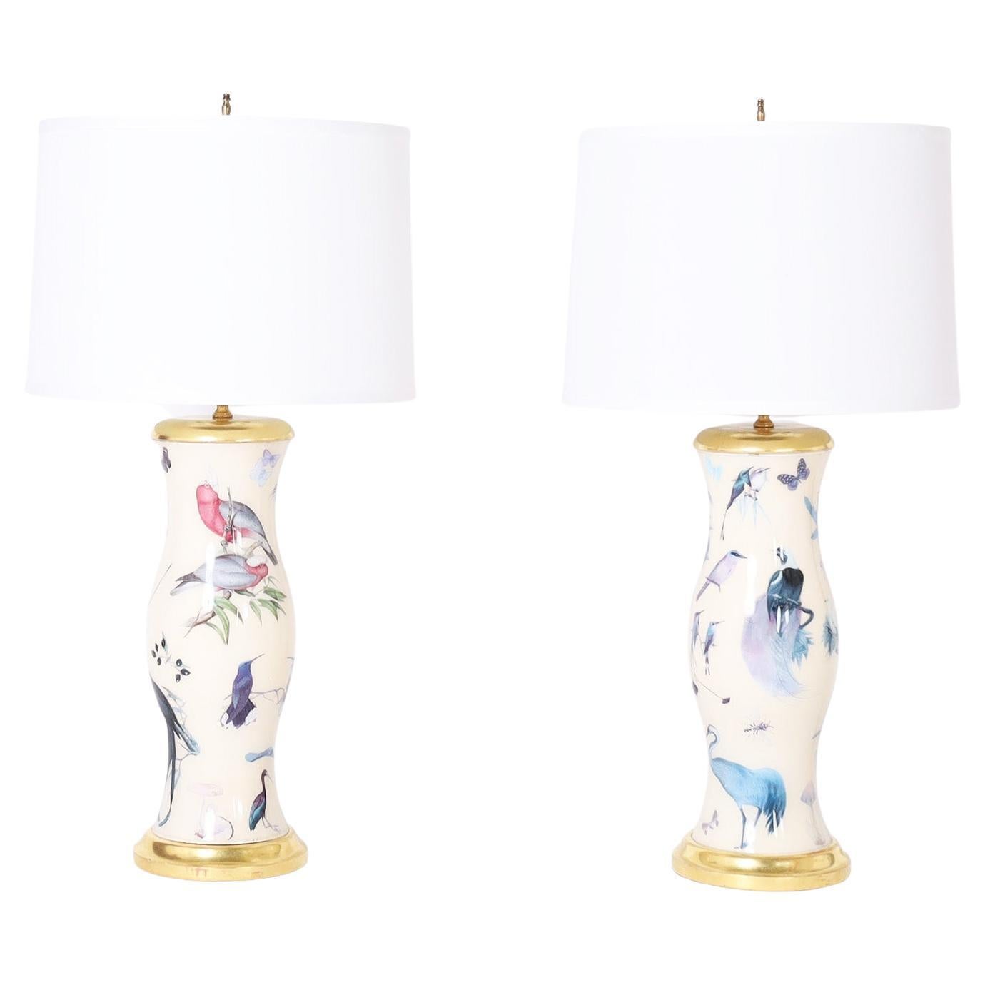 Pair of Mid-Century Style Decoupage Table Lamps with Birds
