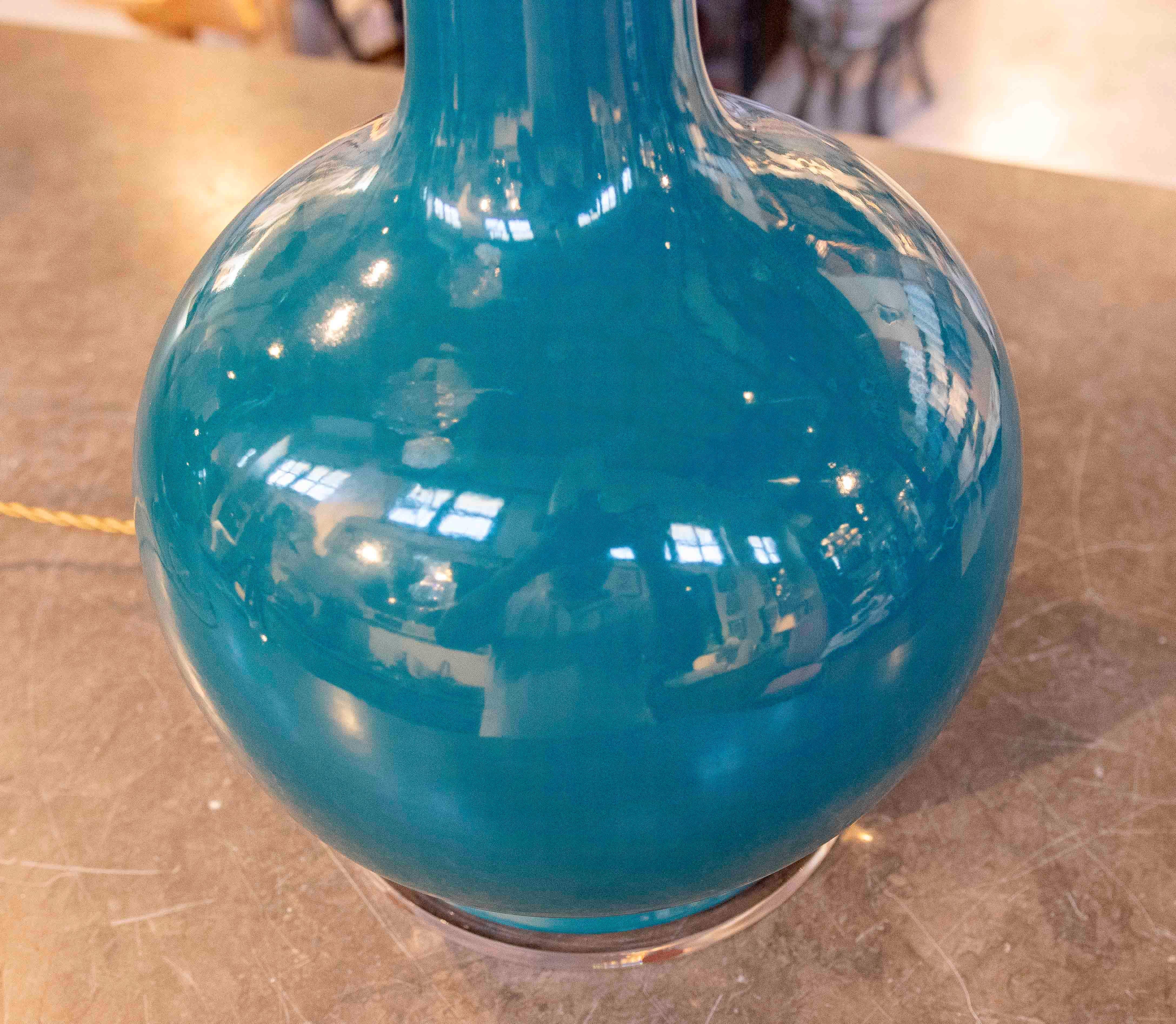 Spanish Pair of Mid-Century Style Glazed Petroleum Blue Ceramic Table Lamps For Sale