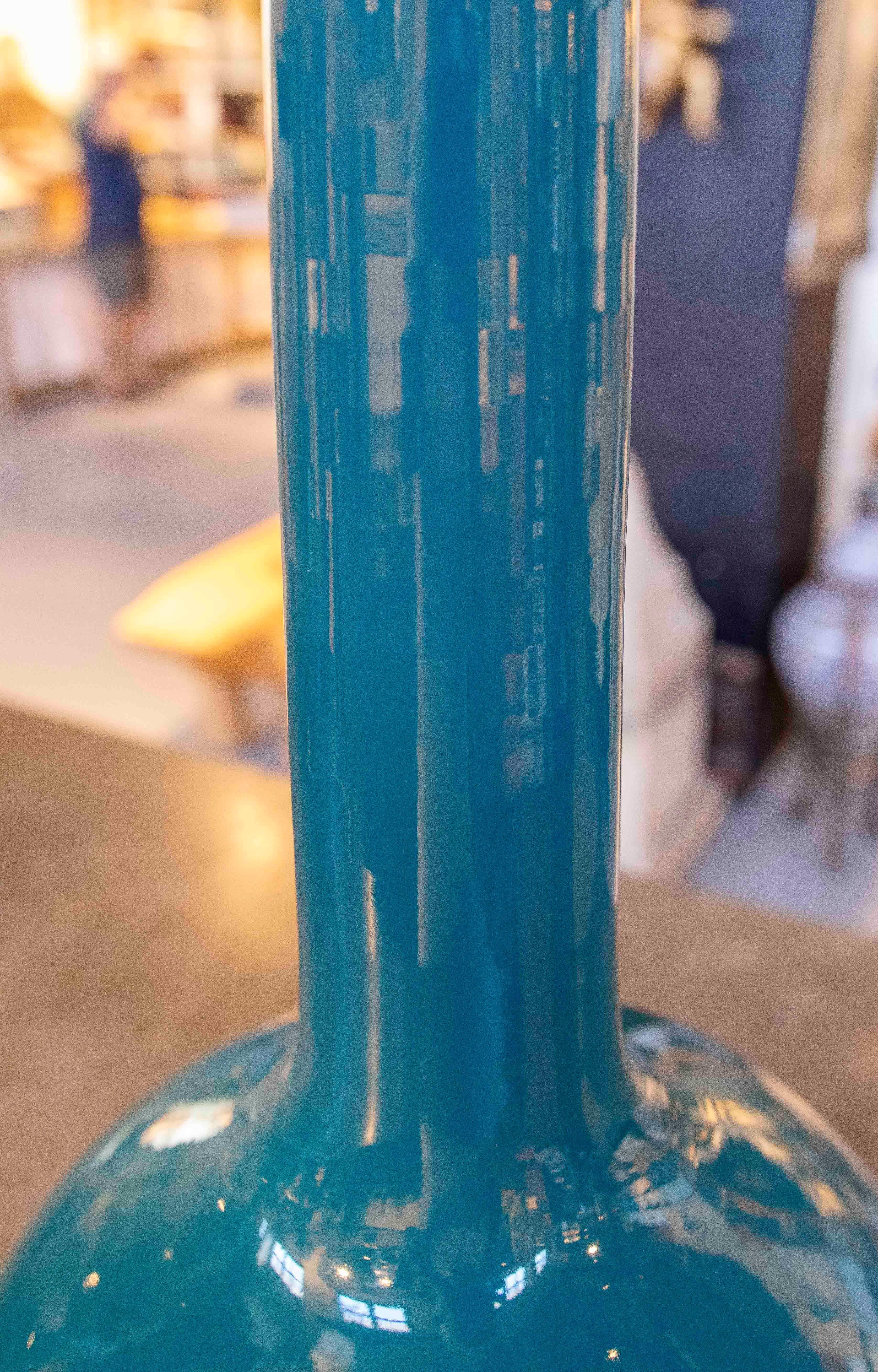 Contemporary Pair of Mid-Century Style Glazed Petroleum Blue Ceramic Table Lamps For Sale