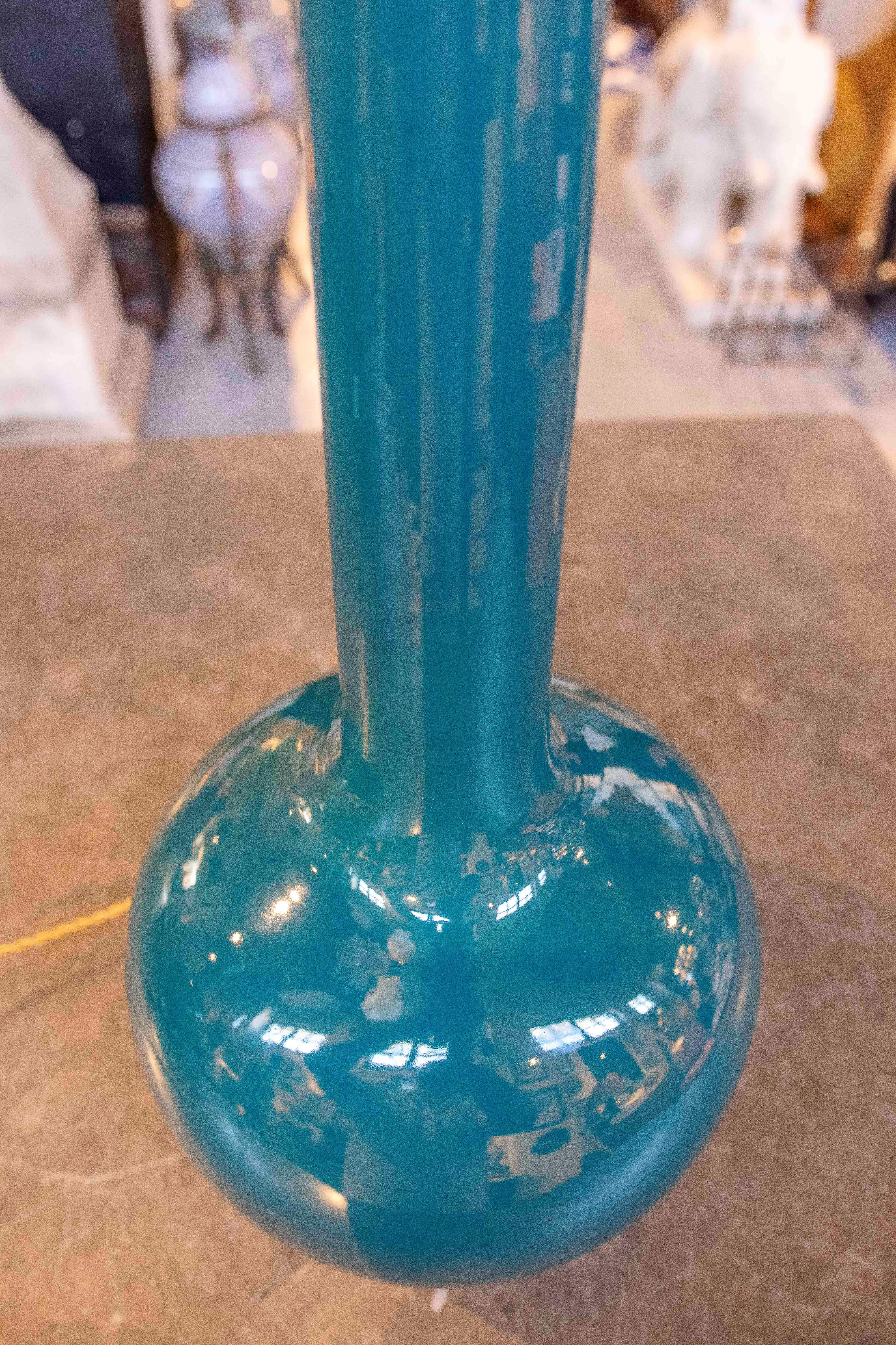 Pair of Mid-Century Style Glazed Petroleum Blue Ceramic Table Lamps For Sale 2