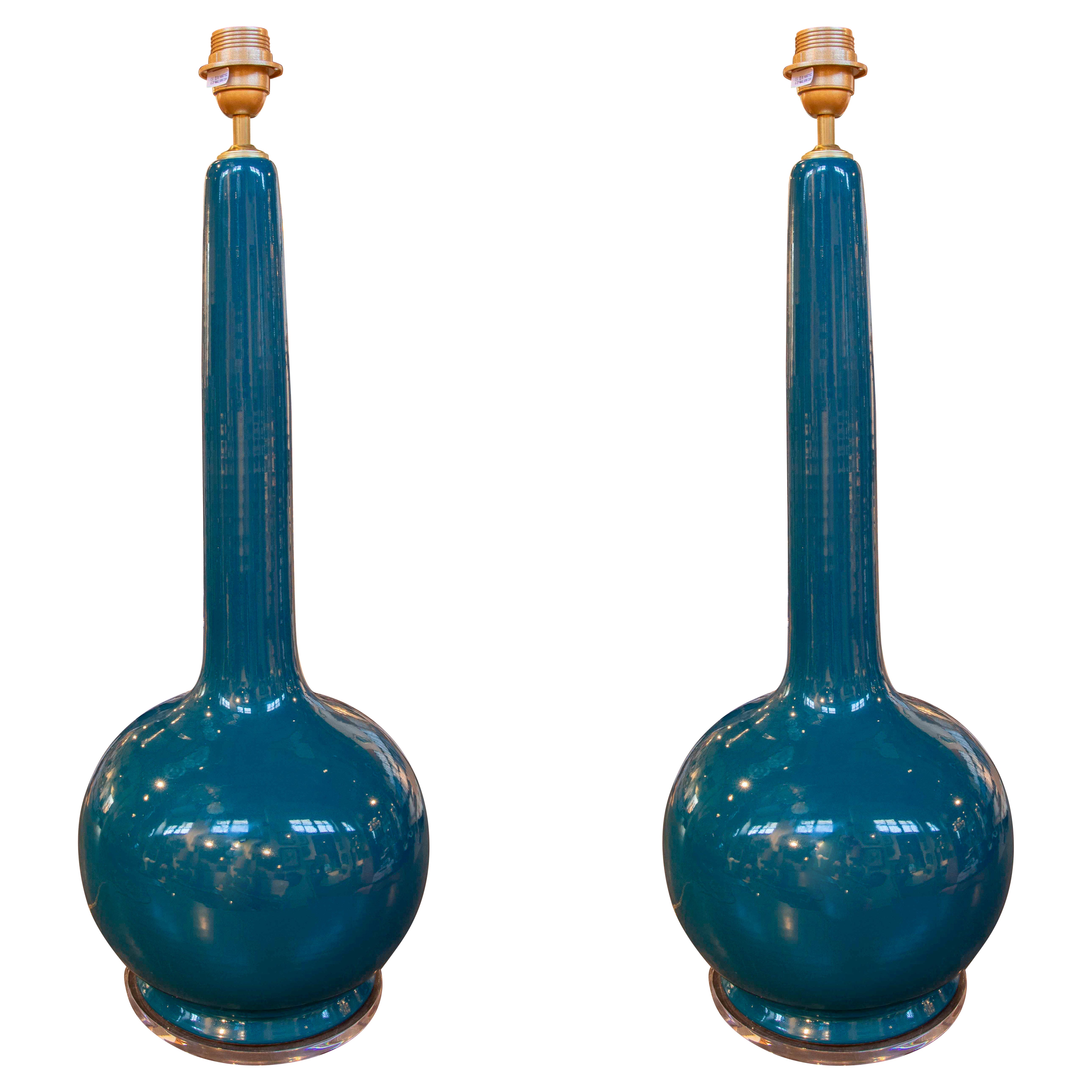 Pair of Mid-Century Style Glazed Petroleum Blue Ceramic Table Lamps For Sale
