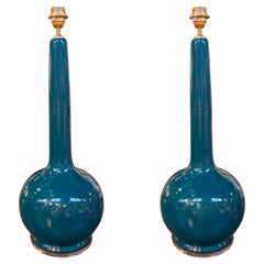 Pair of Mid-Century Style Glazed Petroleum Blue Ceramic Table Lamps