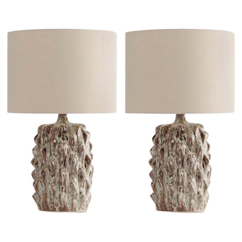 Pair of Mid-Century Style Green Glazed Ceramic Table Lamps For Sale