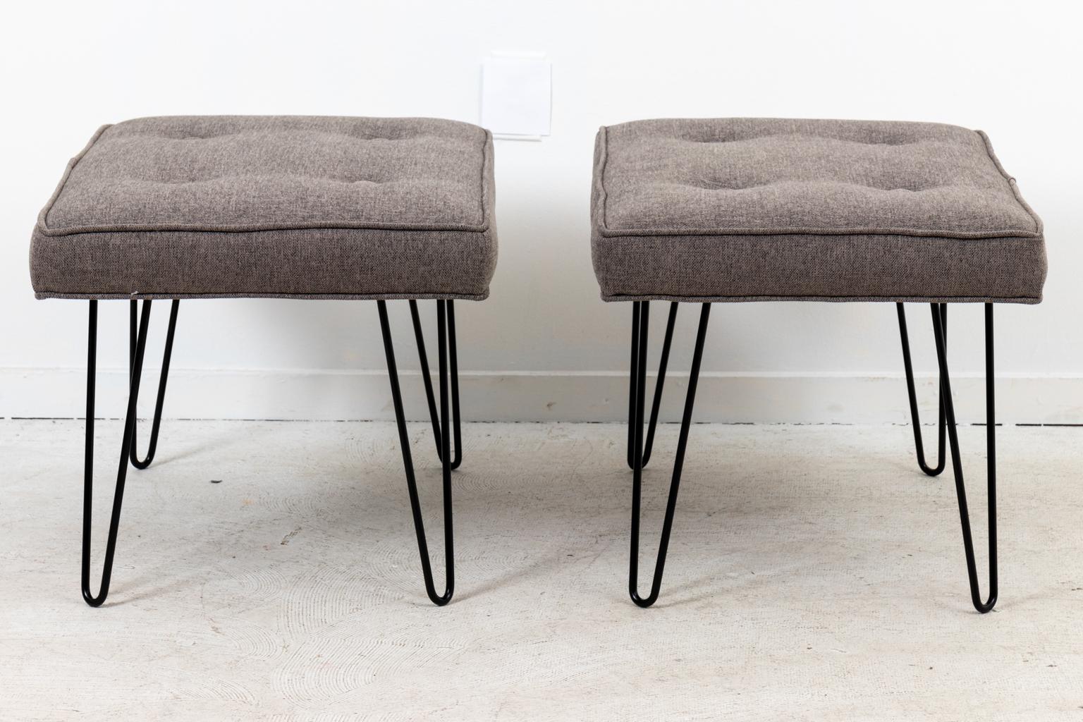 Pair of Mid-Century Modern style hairpin leg upholstered benches with satin black hairpin legs and new wool upholstered seats with tufted buttons, circa 21st century. Made in the United States. Please note of wear consistent with age.