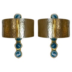 Pair of Mid-Century Style Murano Glass Sconces with Teal Cabochon, 21th Century