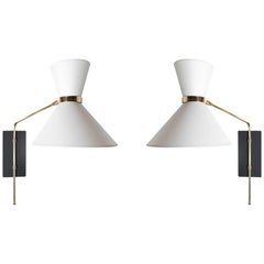 Pair of Mid Century Style Sconces, Brass and Linen by Bourgeois Boheme Atelier