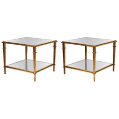 Pair of Midcentury Style Side Tables in Wood with Mirror Tops
