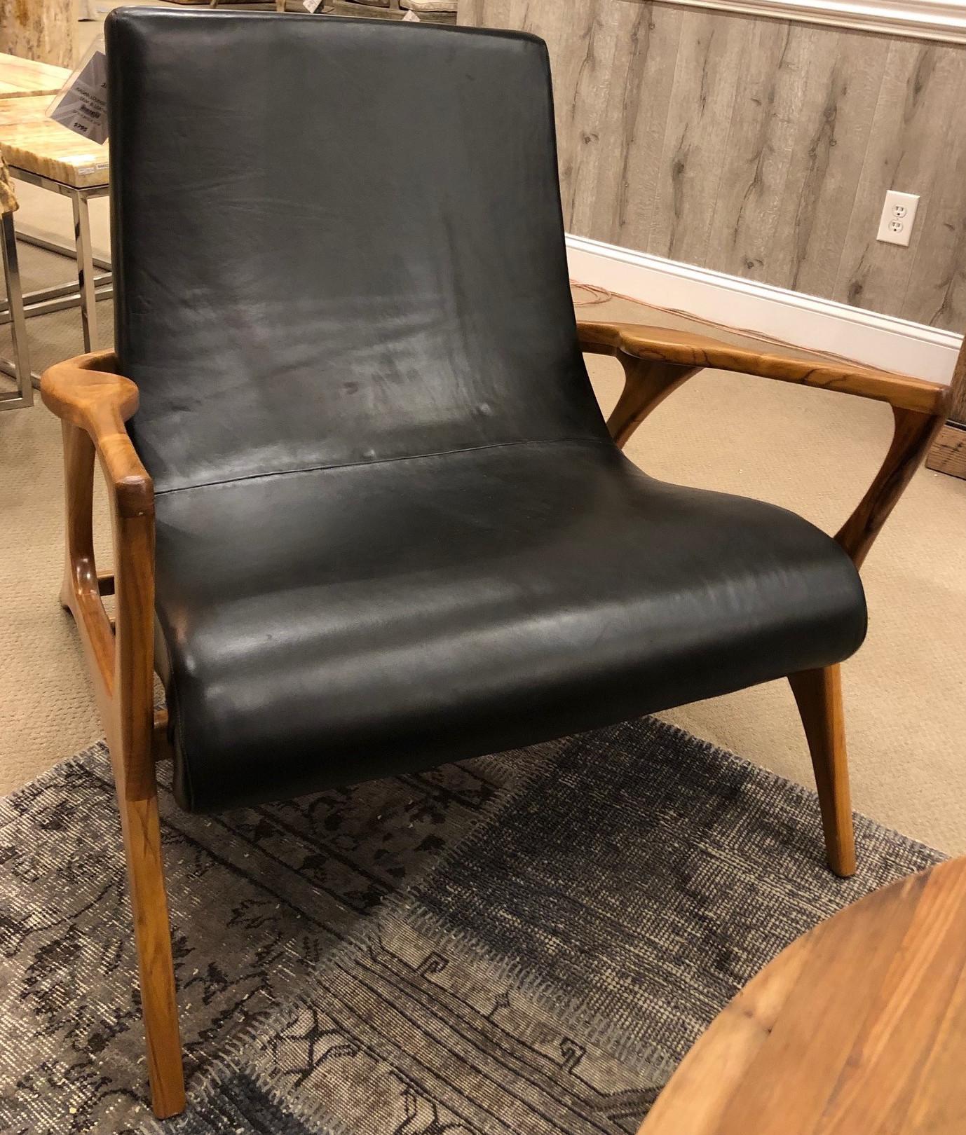 Mid-Century Modern Pair of Midcentury Style Teak and Leather Club Chair, Great Scale for Comfort For Sale