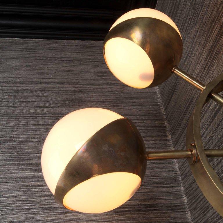 Pair of Midcentury Style Triple Orb Brass and Opal Glass Wall Lights In New Condition In London, GB