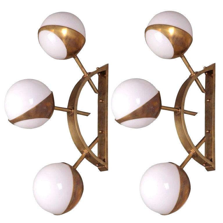 Pair of Midcentury Style Triple Orb Brass and Opal Glass Wall Lights
