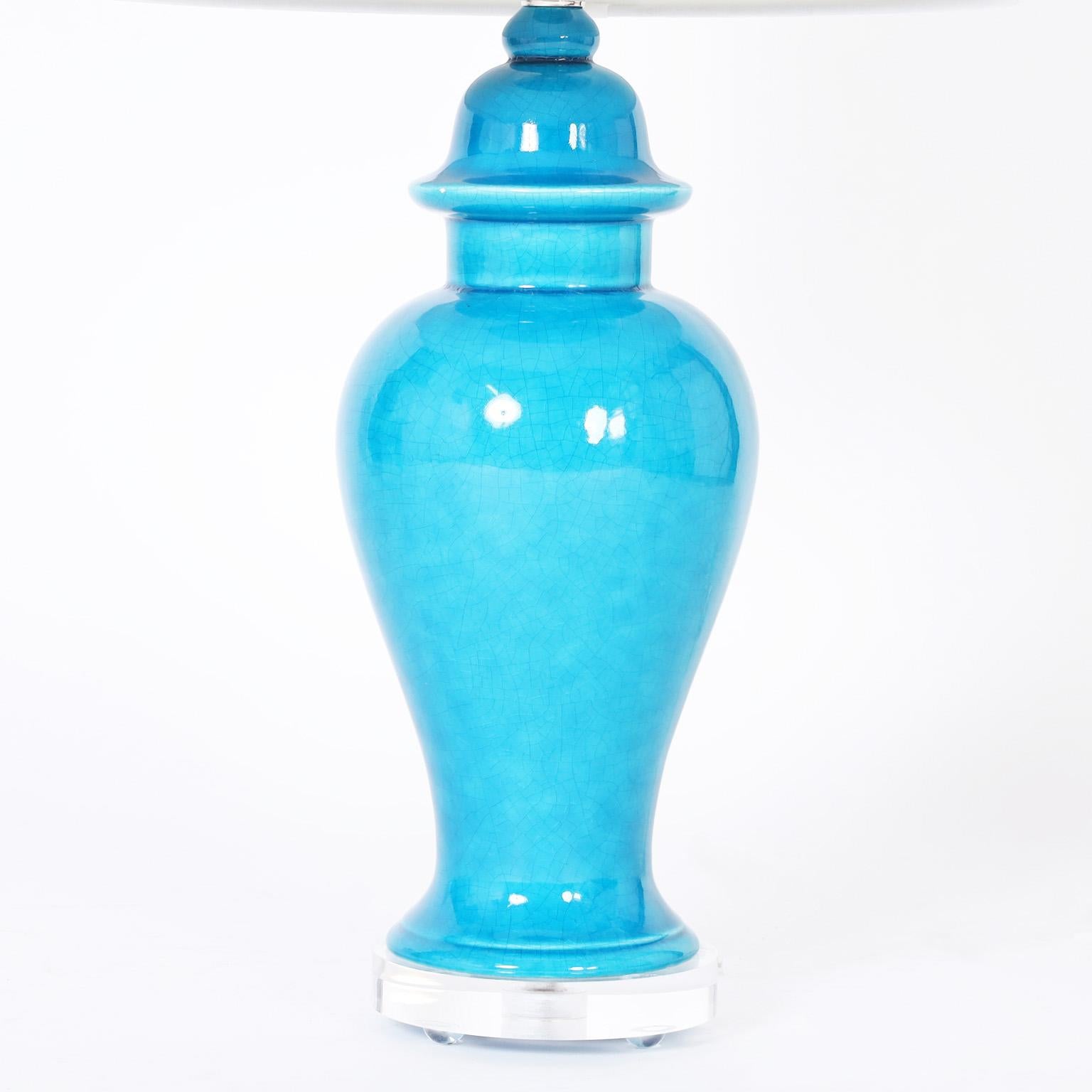 Chinese Export Pair of Mid-Century Style Turquoise Table Lamps For Sale