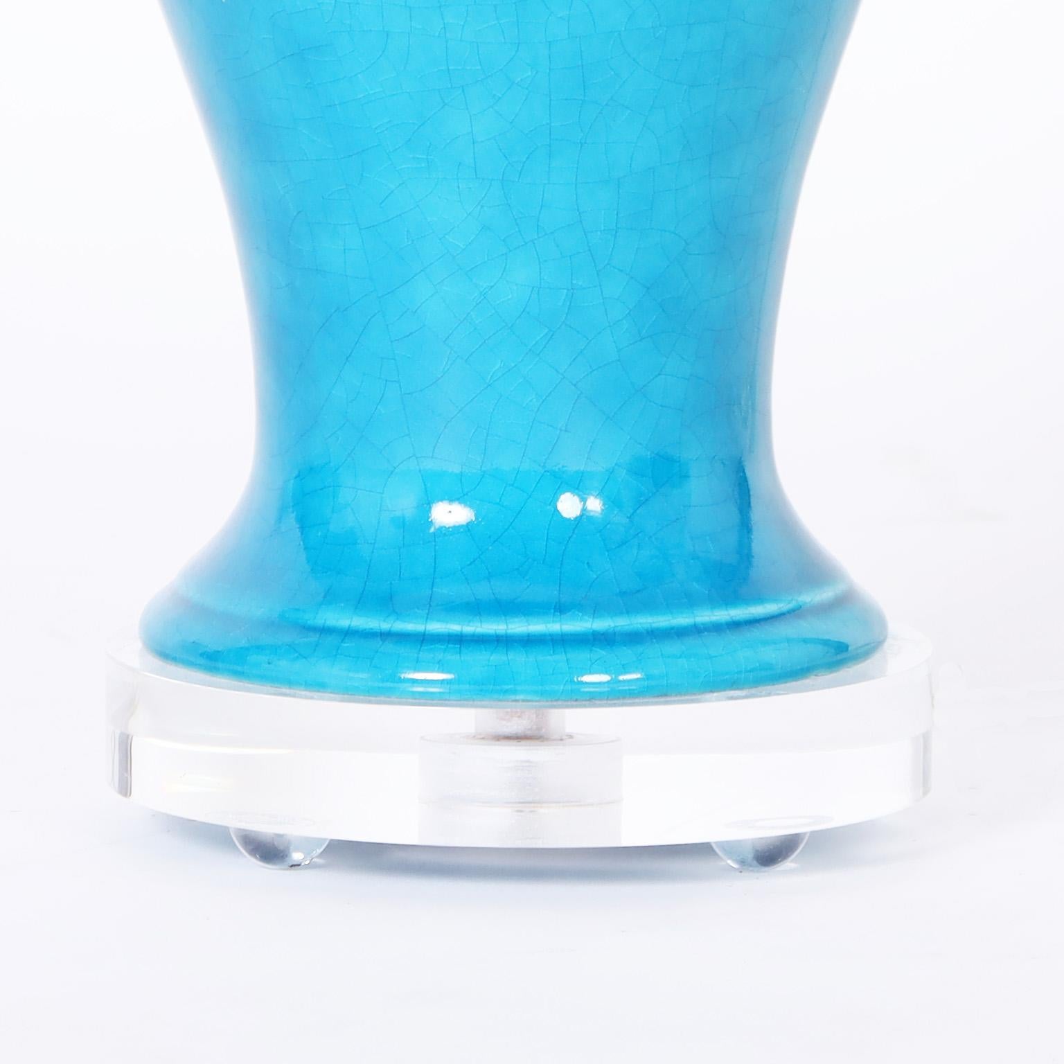 Pair of Mid-Century Style Turquoise Table Lamps In Good Condition For Sale In Palm Beach, FL