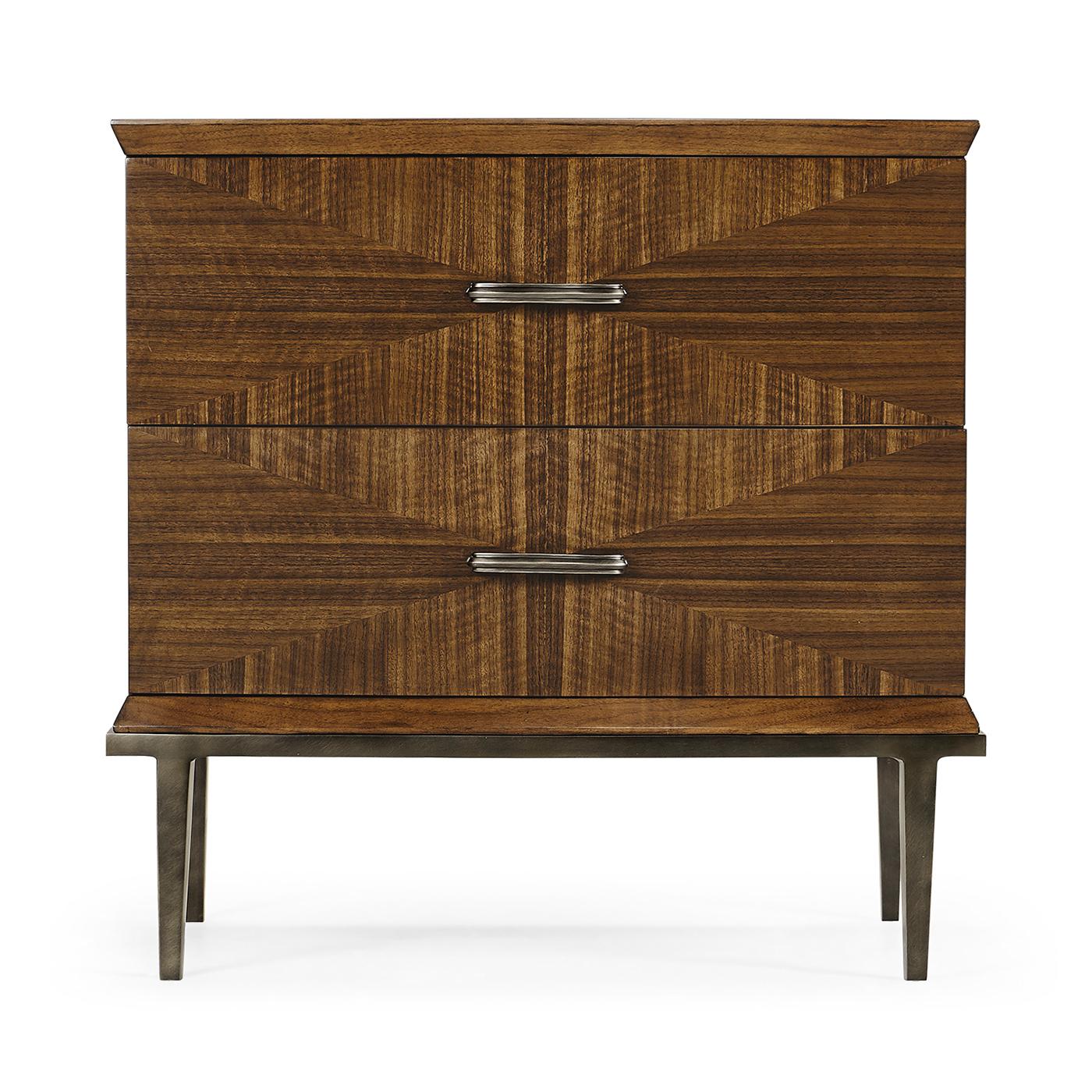 Mid century style nightstands, constructed of American walnut with a transparent, hand-rubbed finish. The drawer fronts feature walnut veneers in a box match veneer. The hardware is cast brass, acid dipped and hand-rubbed to achieve a deep, natural