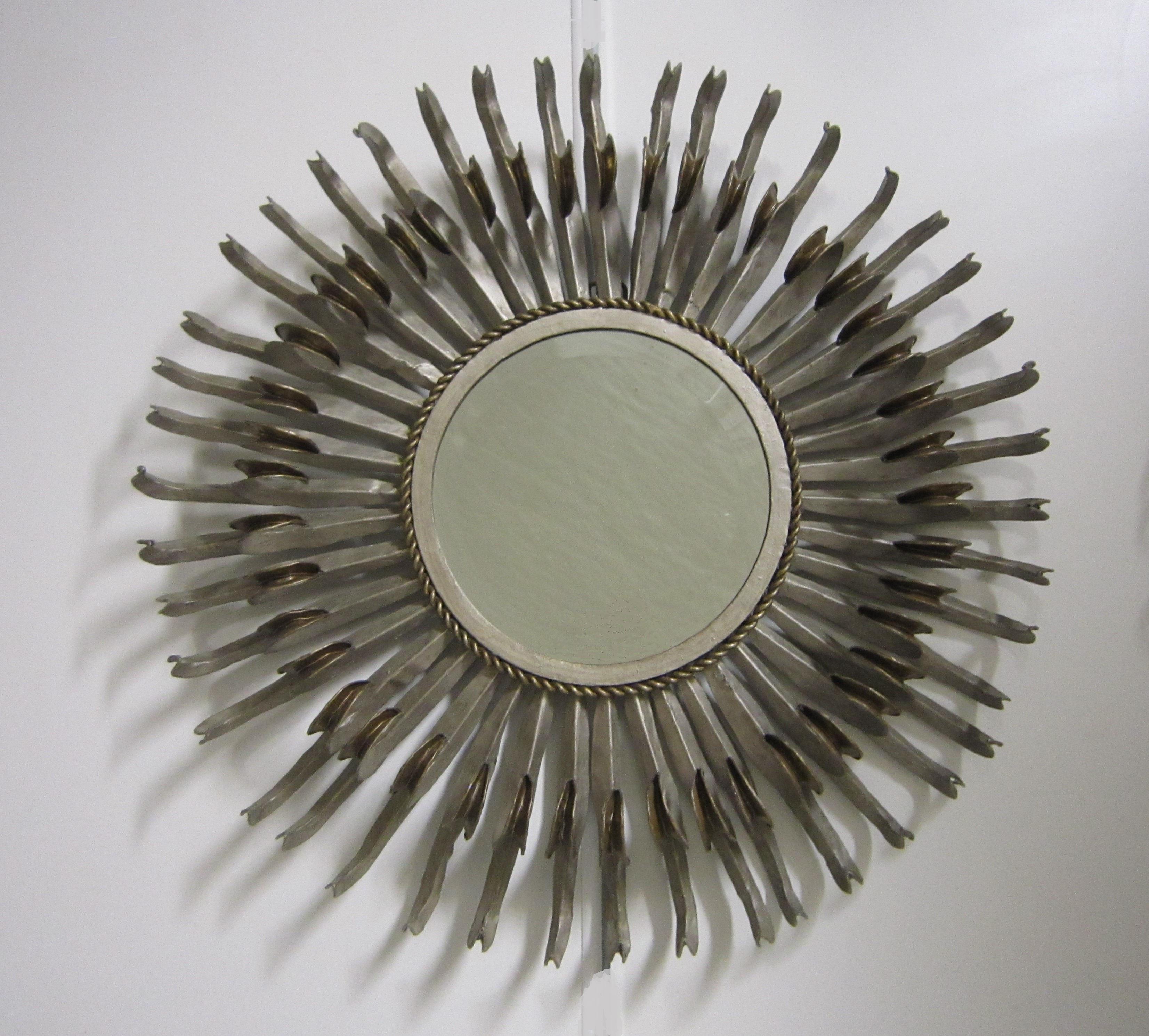 Pair of Midcentury Sunburst / Soleil Mirrors, Silver with Golden Bronze Accents For Sale 4