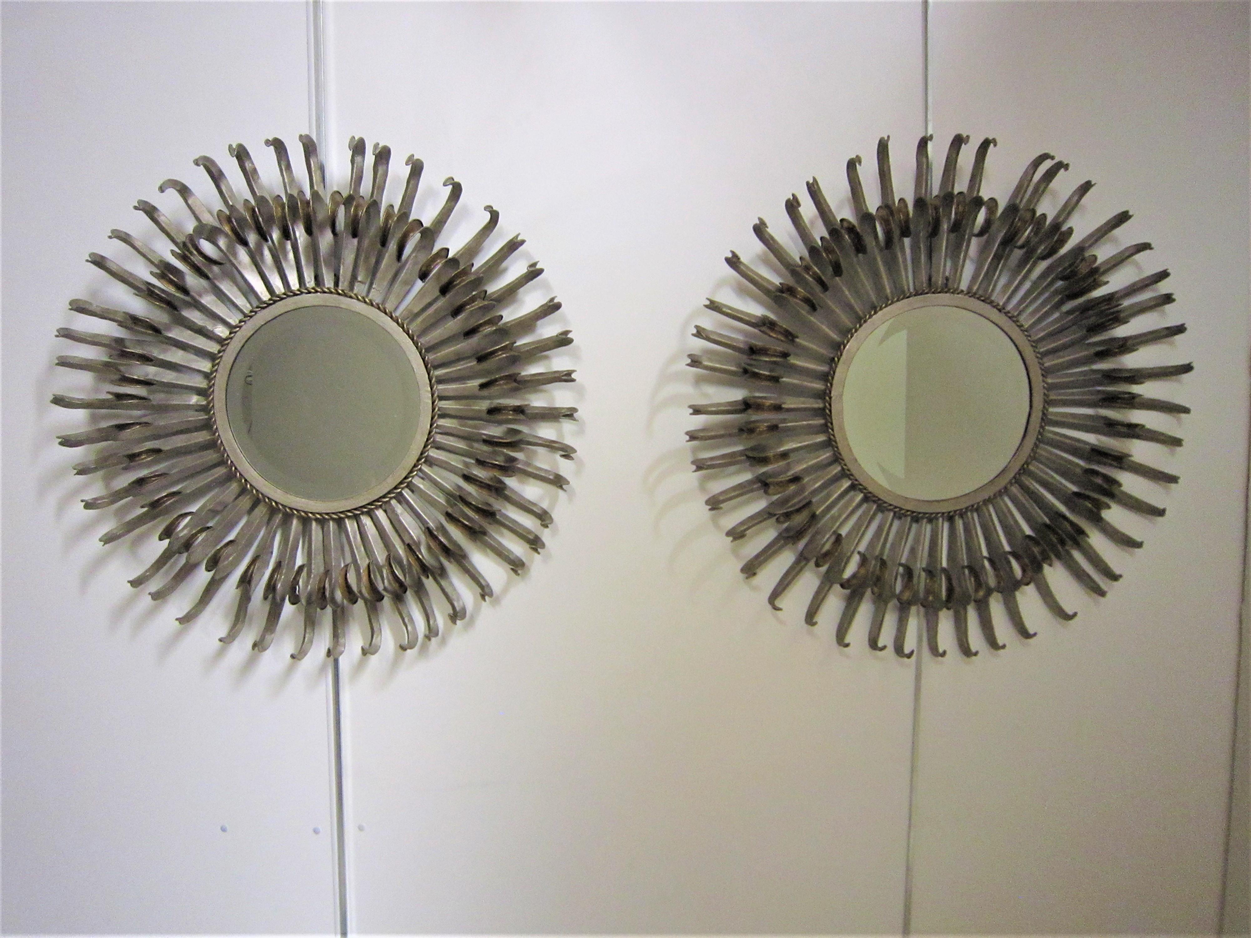 Pair of Midcentury Sunburst / Soleil Mirrors, Silver with Golden Bronze Accents For Sale 5