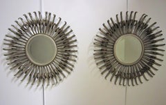 Paire de miroirs Sunburst / Soleil du milieu du siècle dernier, argent avec accents en bronze doré