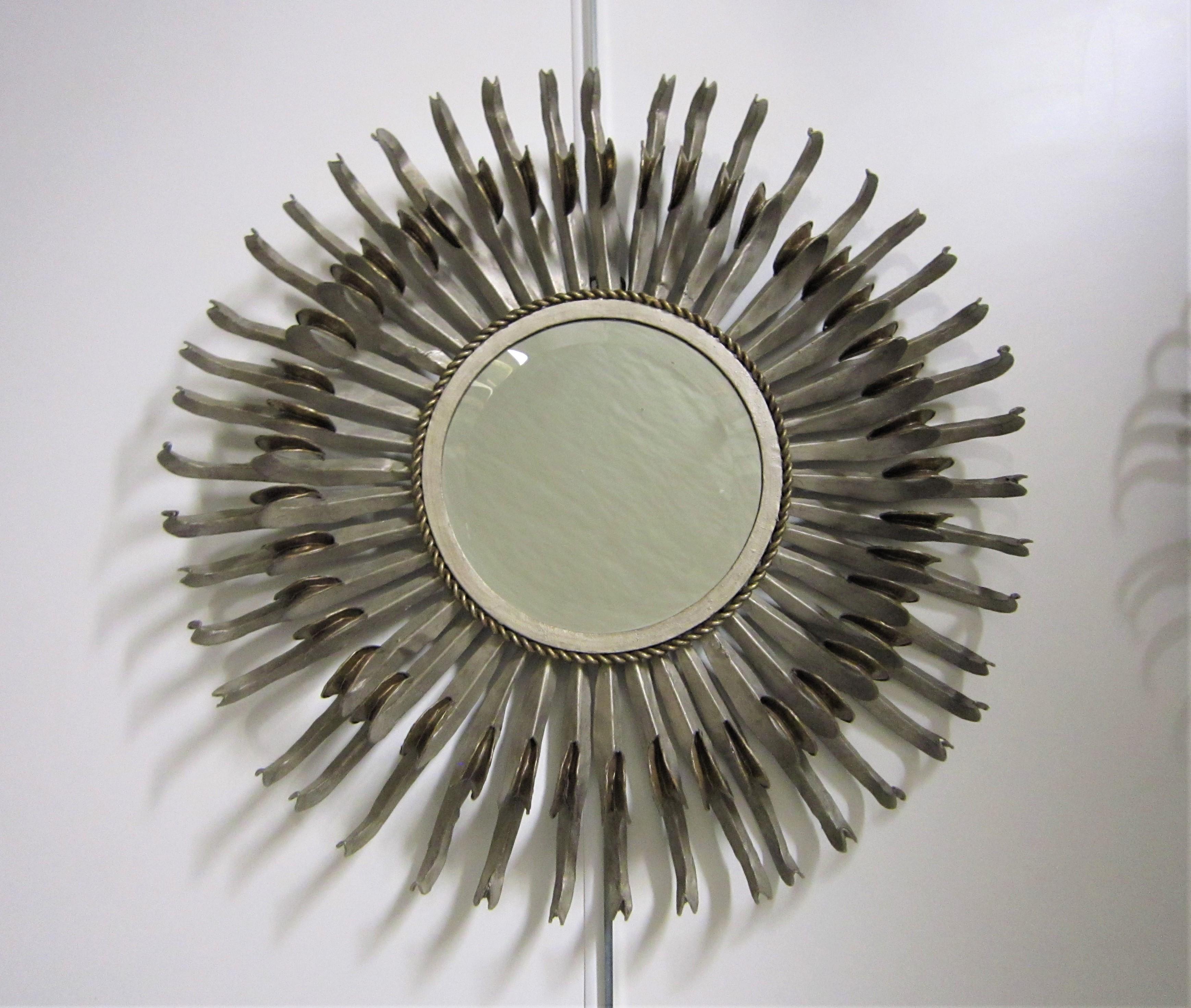 Mid-Century Modern Pair of Midcentury Sunburst / Soleil Mirrors, Silver with Golden Bronze Accents For Sale