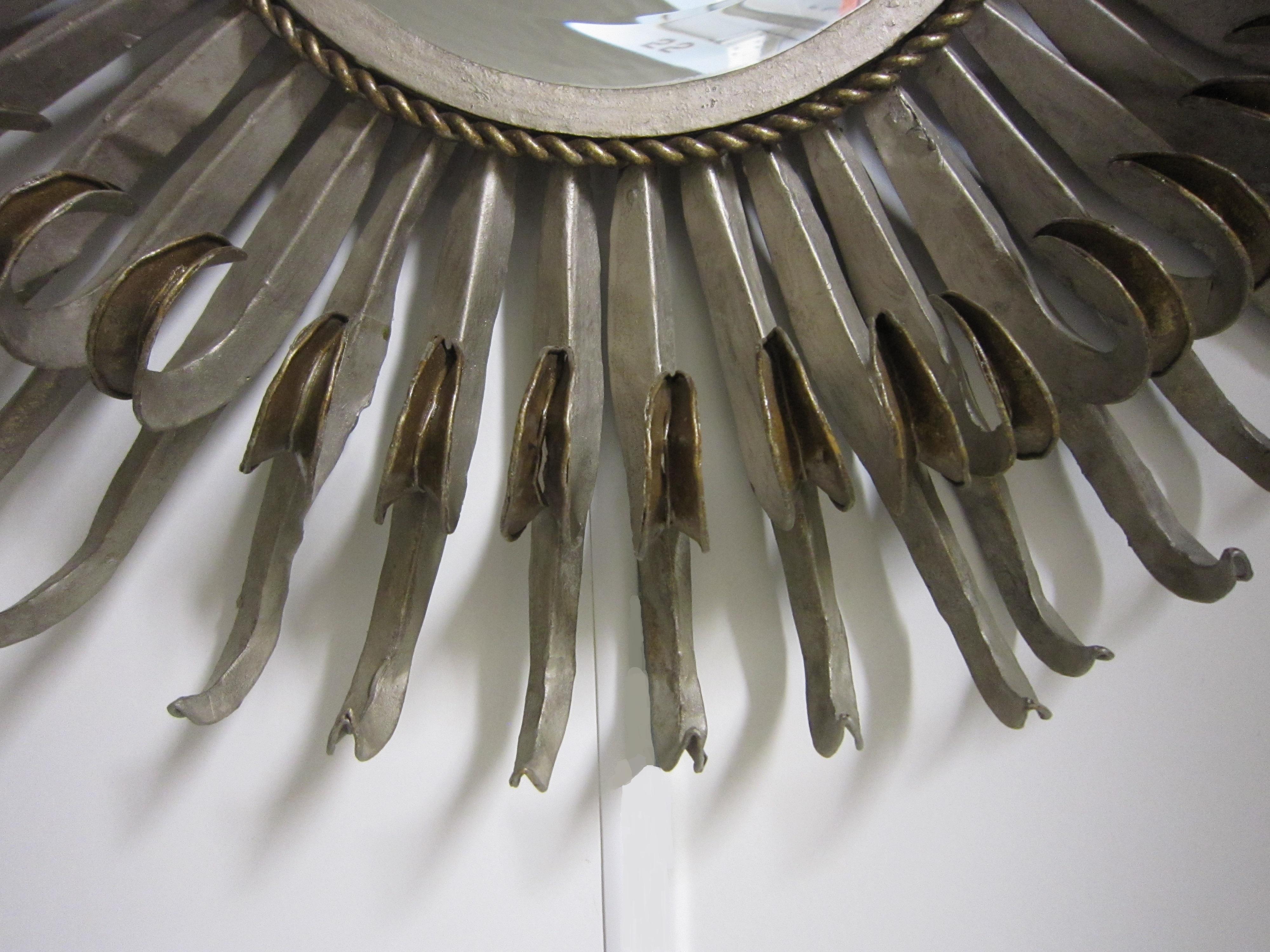 Pair of Midcentury Sunburst / Soleil Mirrors, Silver with Golden Bronze Accents In Good Condition For Sale In New York City, NY