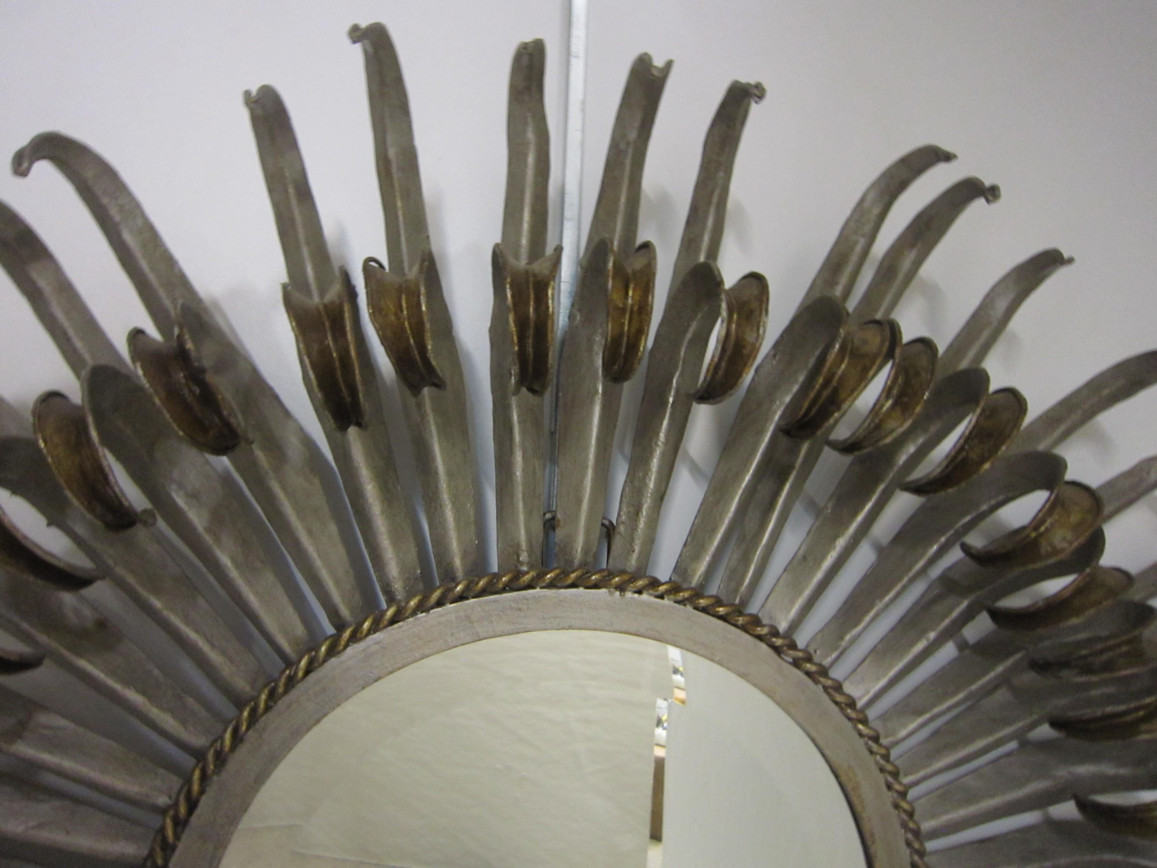 Pair of Midcentury Sunburst / Soleil Mirrors, Silver with Golden Bronze Accents For Sale 1