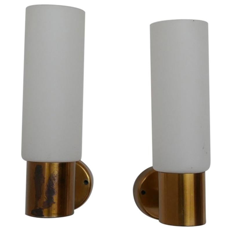Pair of Midcentury Swedish Brass and Glass Wall Lights
