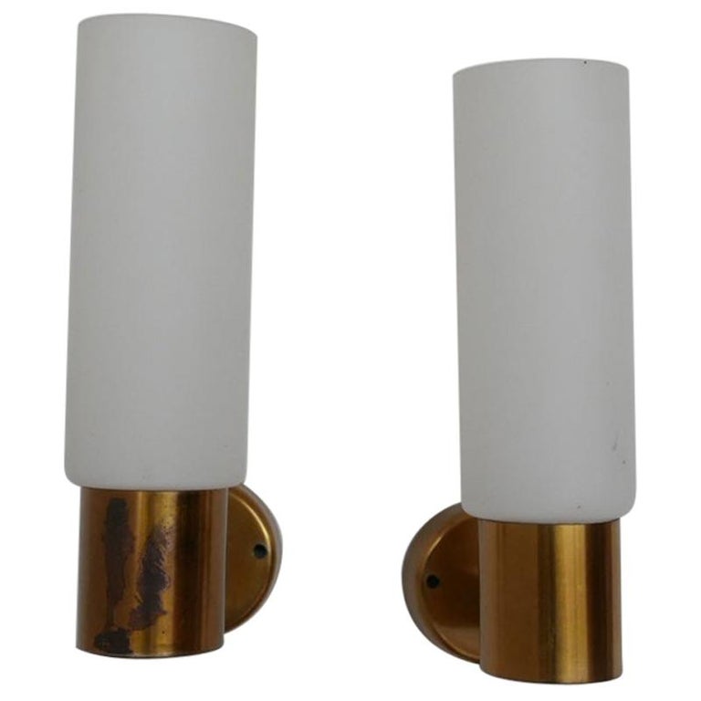 Pair of Midcentury Swedish Brass and Glass Wall Lights For Sale