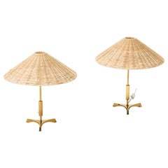 Pair of Mid-Century Swedish Brass Table Lamps with Rattan Shades