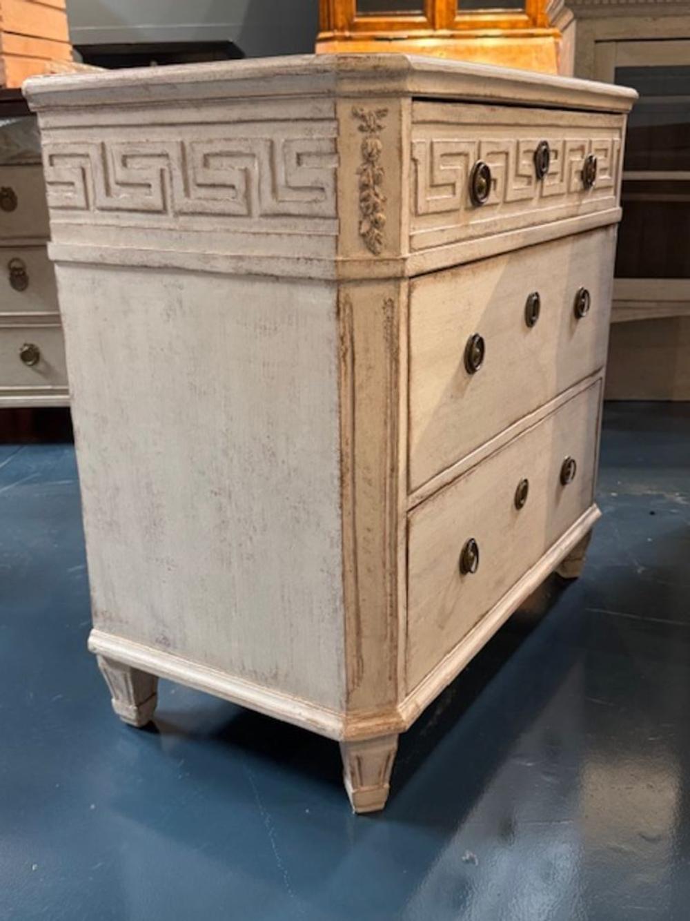 Wood Pair of Mid Century Swedish Carved and Painted Gustavian Chests For Sale