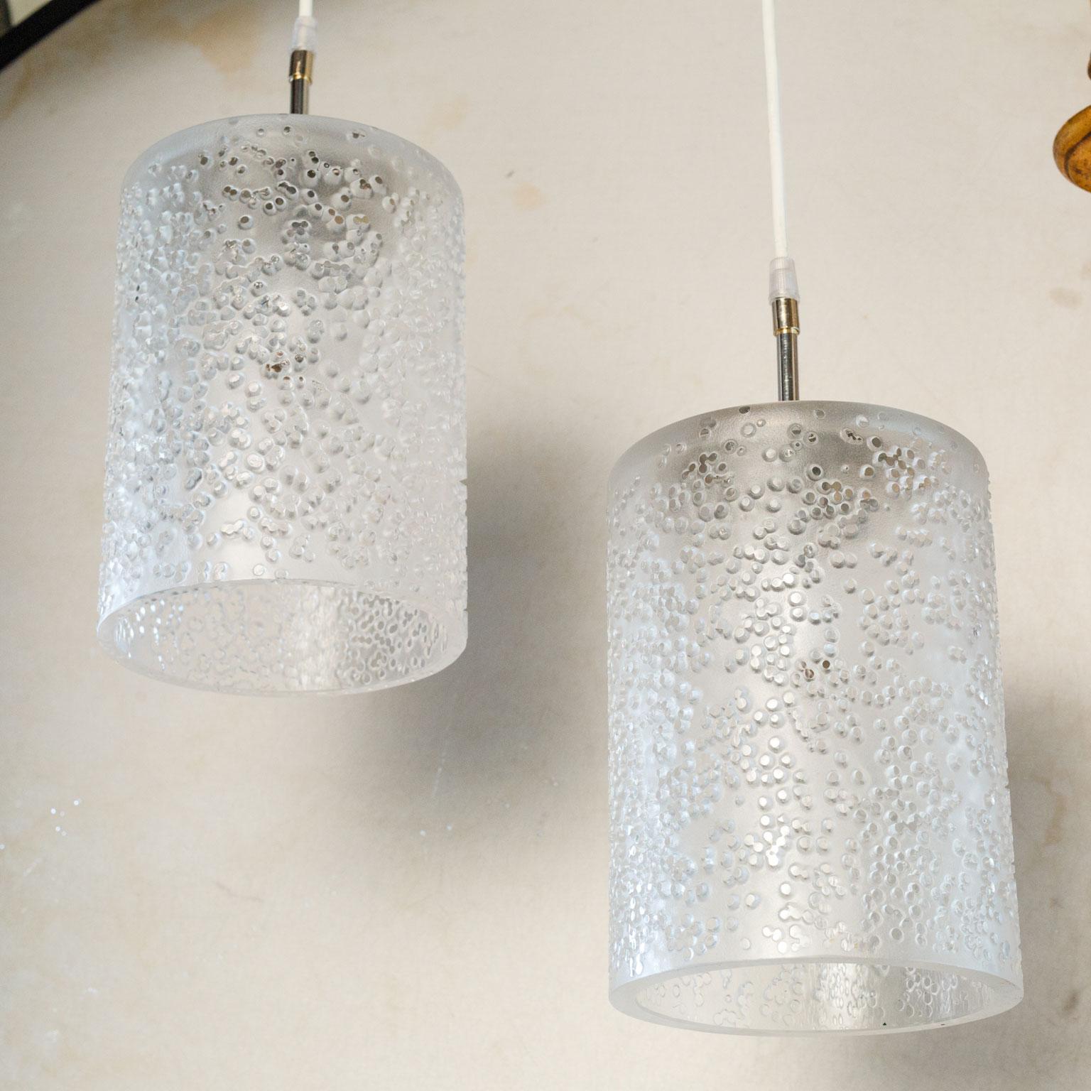 Frosted Pair of Midcentury Hand-Blown Glass Swedish Pendants
