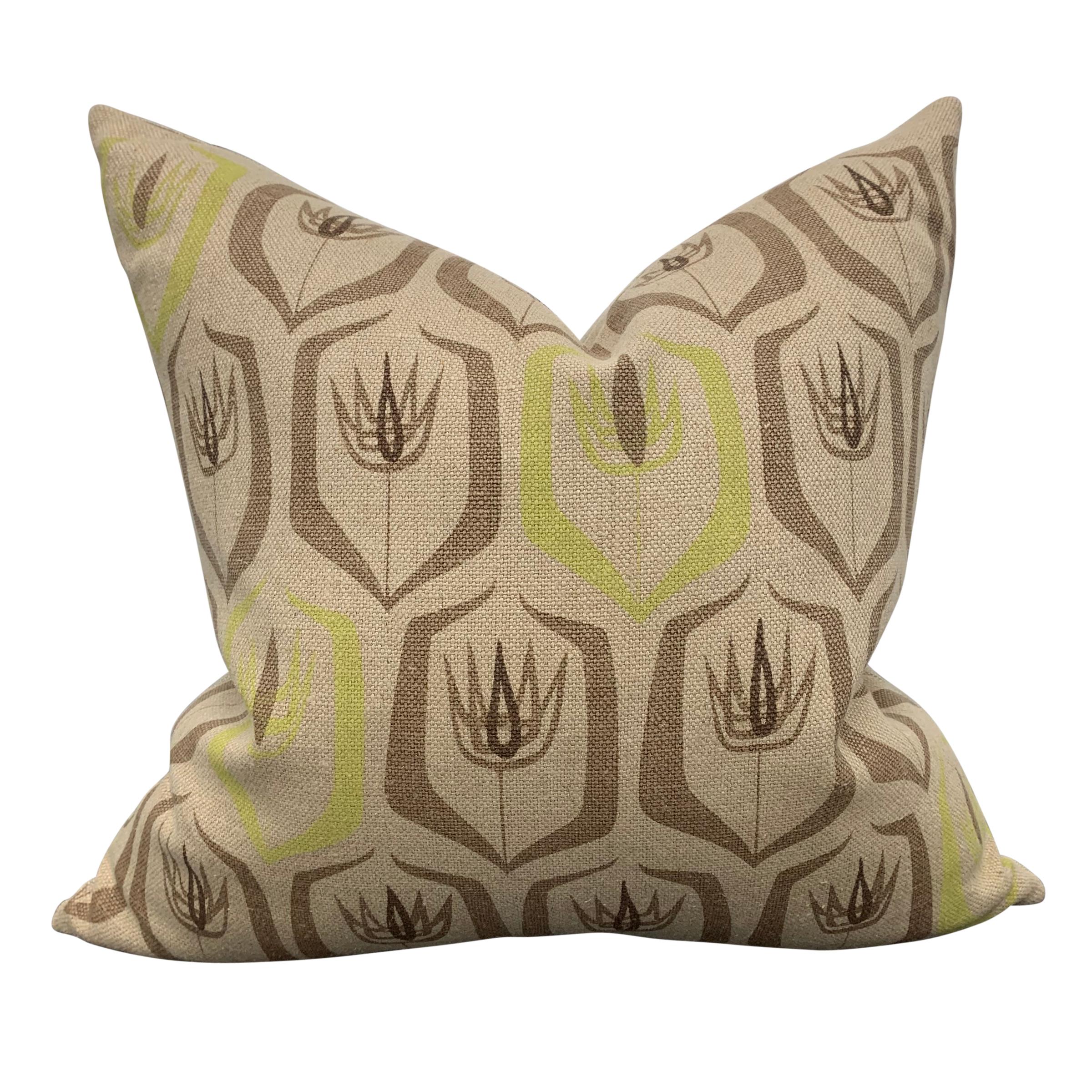 A pair of custom pillows made from a mid-20th century Swedish screen printed linen with a floral pattern in brown and chartreuse green. Backed in linen, and filled with down.