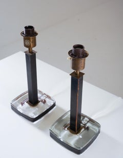 Pair of Mid-Century Swedish Table Lamps in Glass and Leather