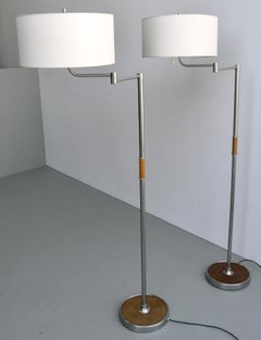Pair of Midcentury Swing-Arm Floor Lamps in Metal with Faux Bamboo Wood Details