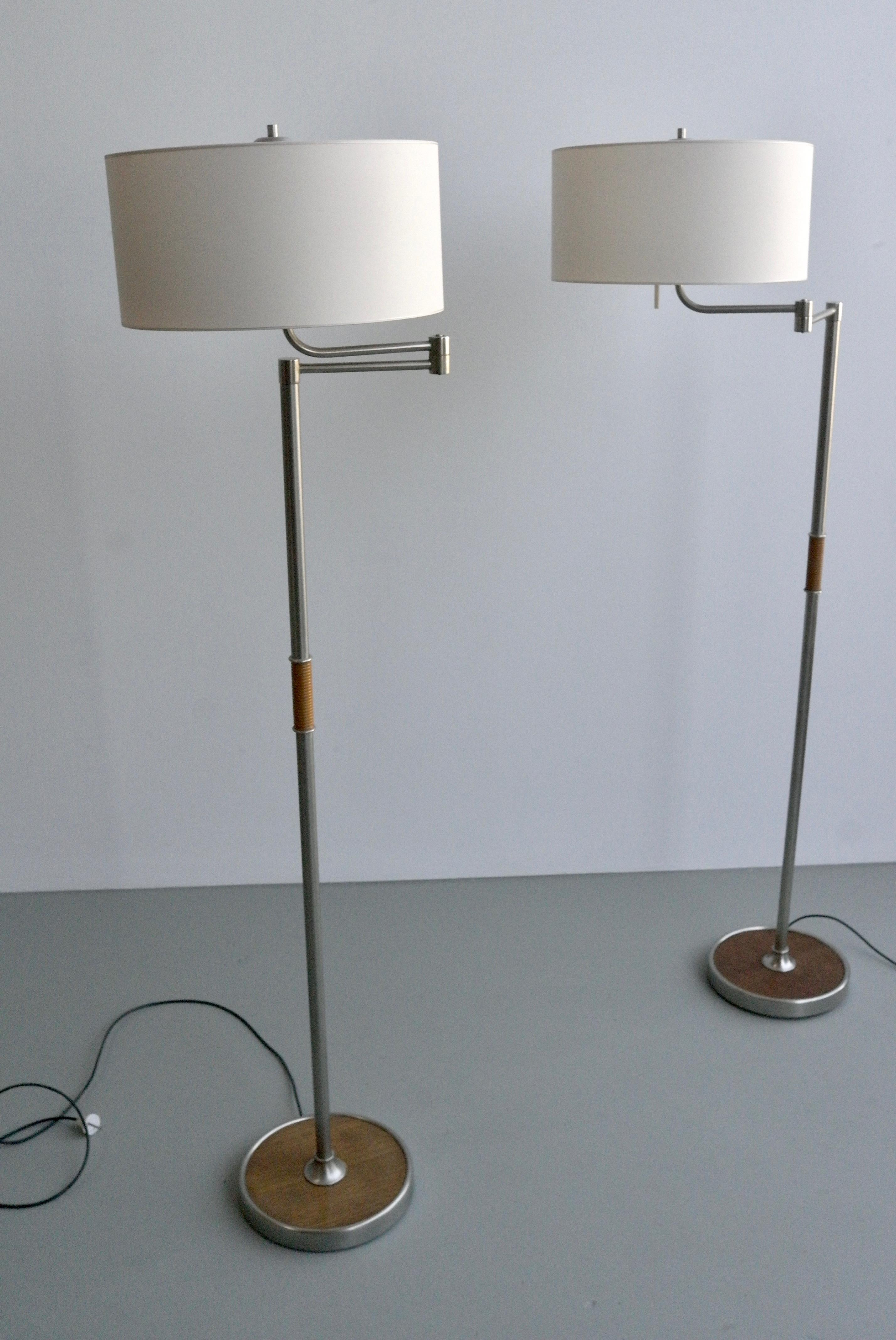 Pair of Mid Century Swing-Arm Floor Lamps in Metal with Faux Bamboo Wood Details For Sale 2