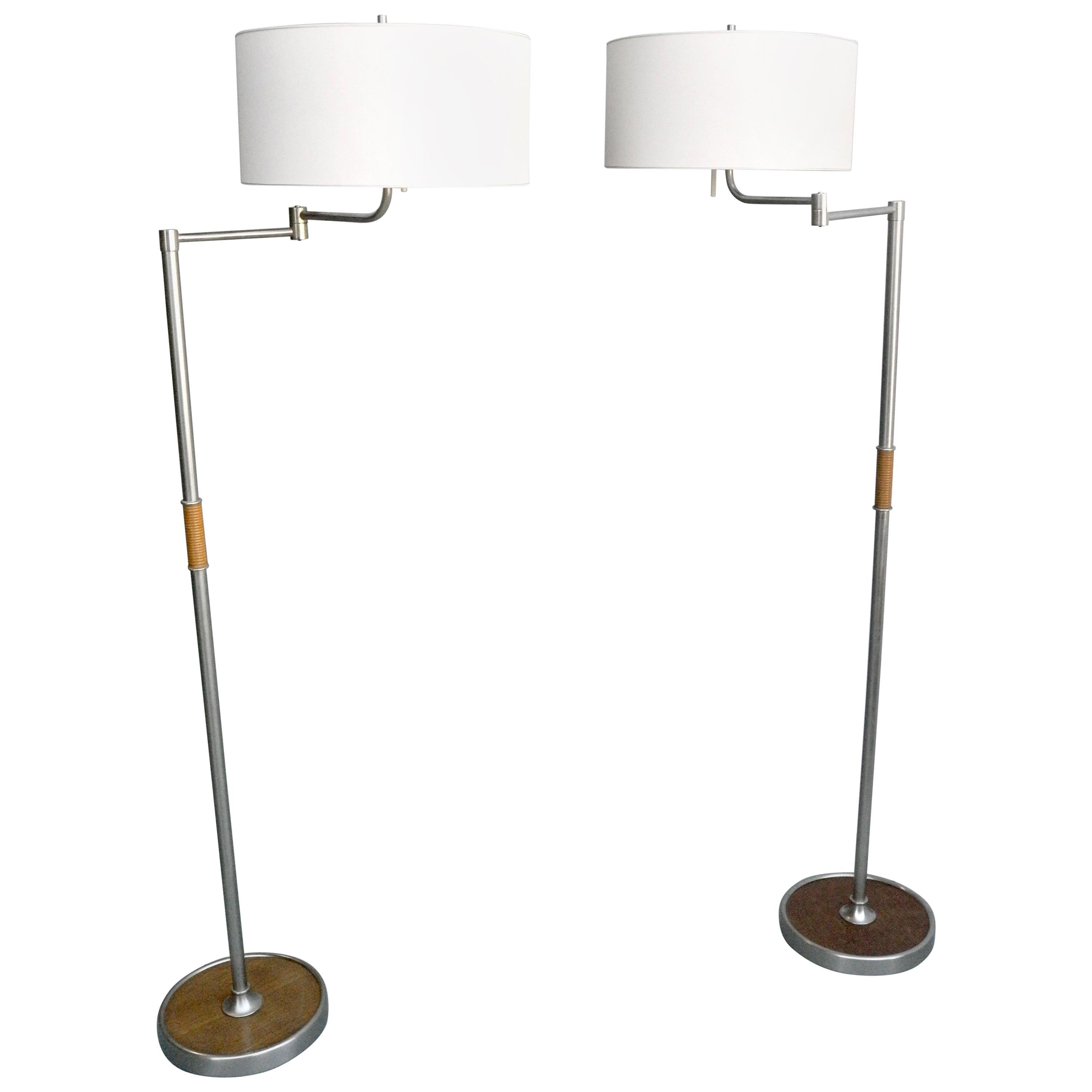 Pair of Mid Century Swing-Arm Floor Lamps in Metal with Faux Bamboo Wood Details For Sale