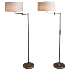 Vintage Pair of Midcentury Swing-Arm Floor Lamps in Metal with Faux Bamboo Wood Details