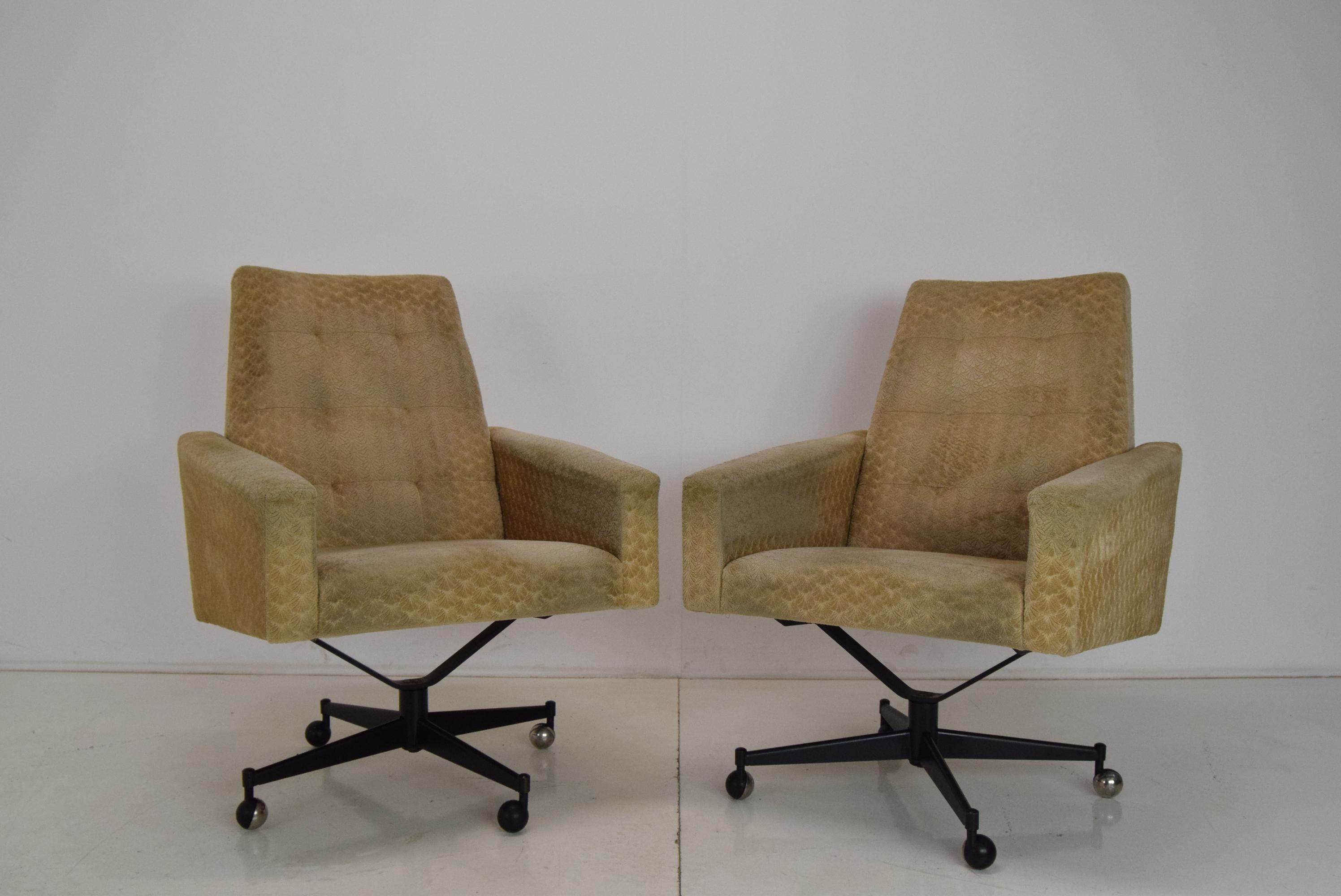 Czech Pair of Midcentury Swivel Armchairs with Wheels, 1970s.  For Sale