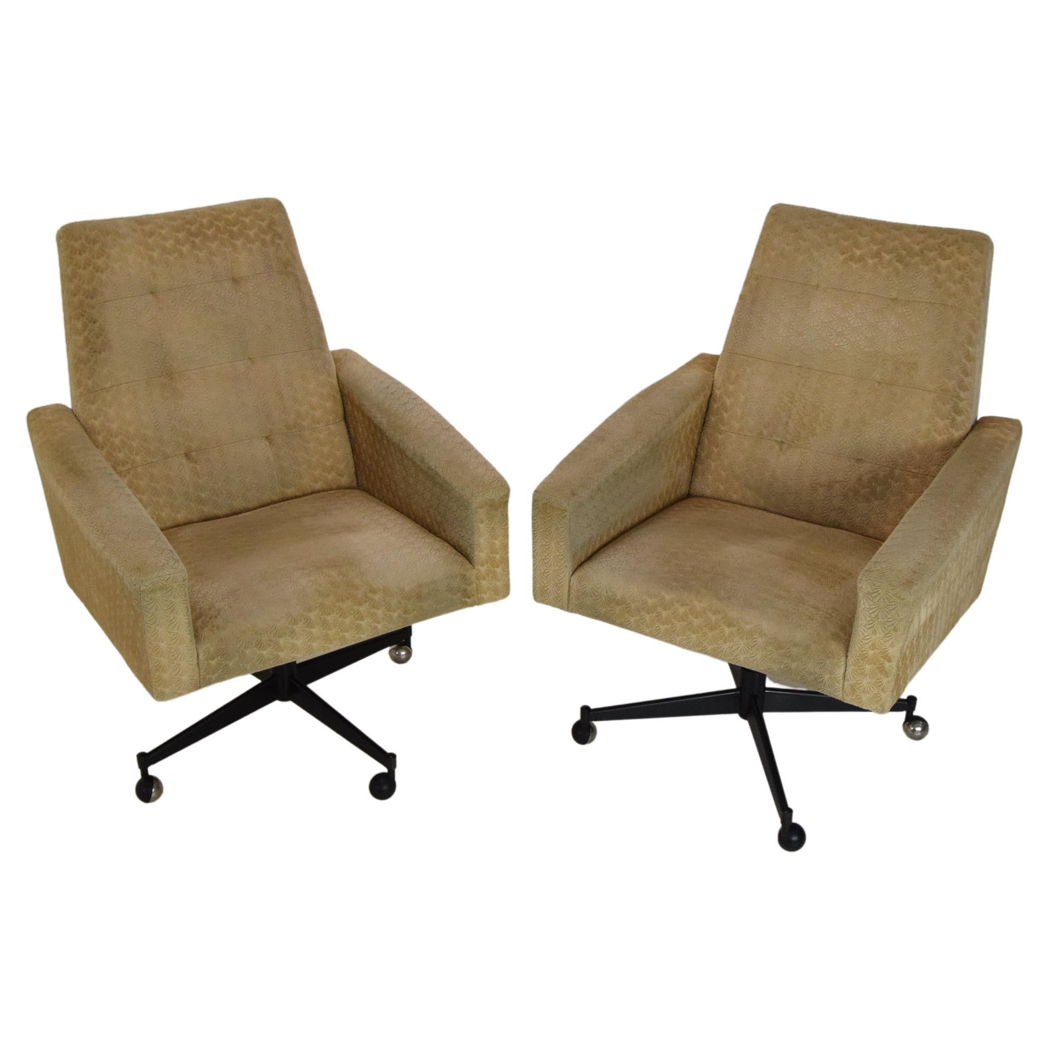 Pair of Midcentury Swivel Armchairs with Wheels, 1970s.  For Sale
