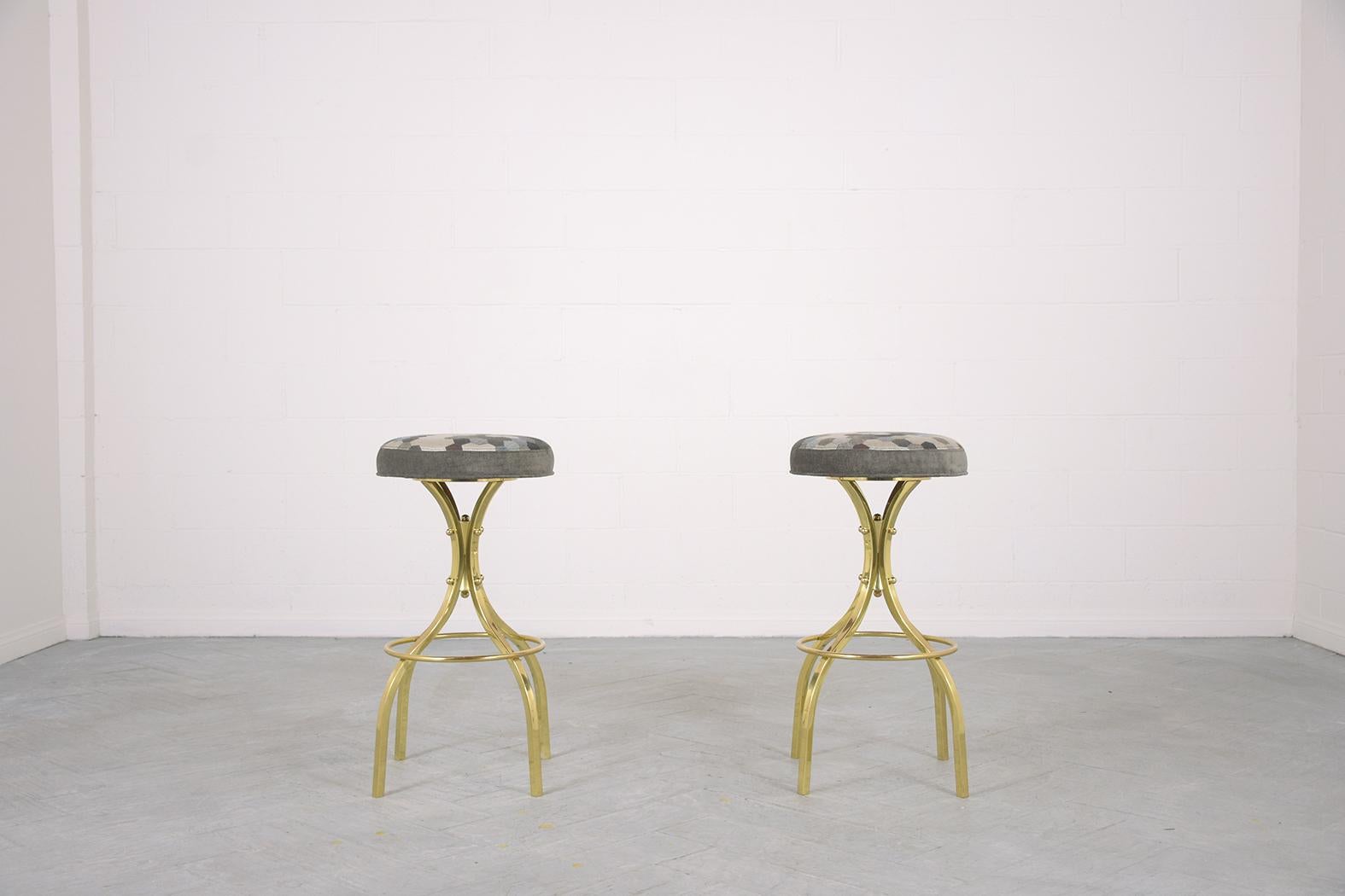 Mid-Century Modern Restored Mid-Century Brass Swivel Bar Stools with Patterned Fabric Seats For Sale