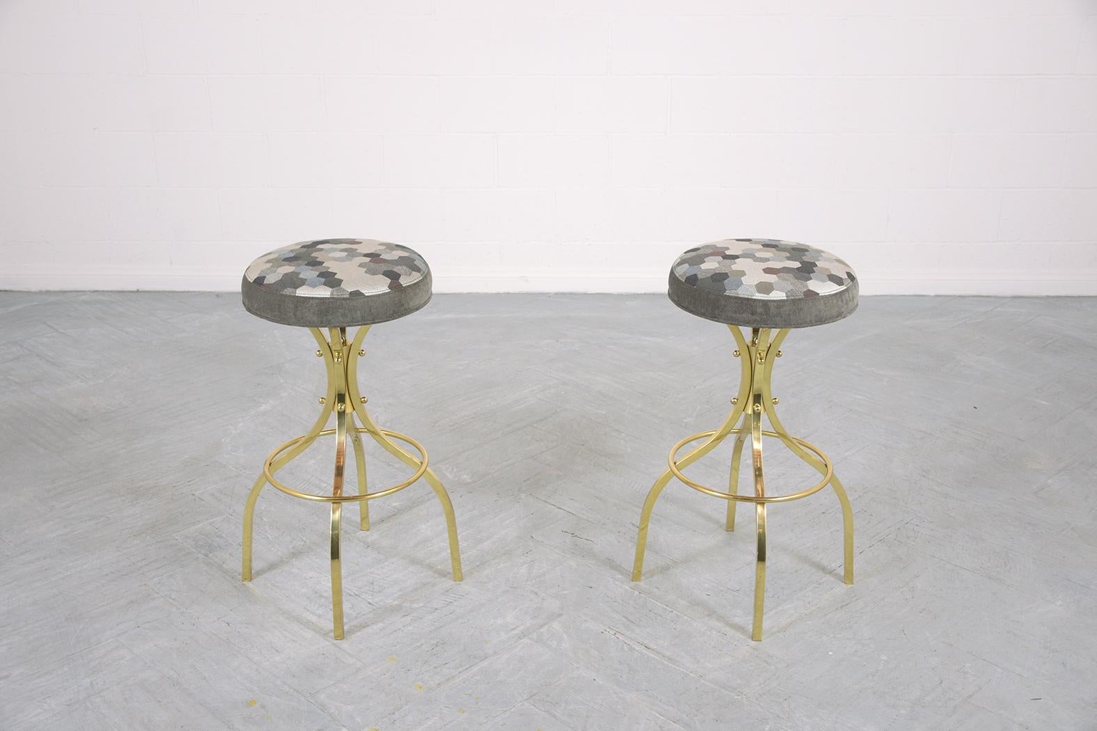 American Restored Mid-Century Brass Swivel Bar Stools with Patterned Fabric Seats For Sale