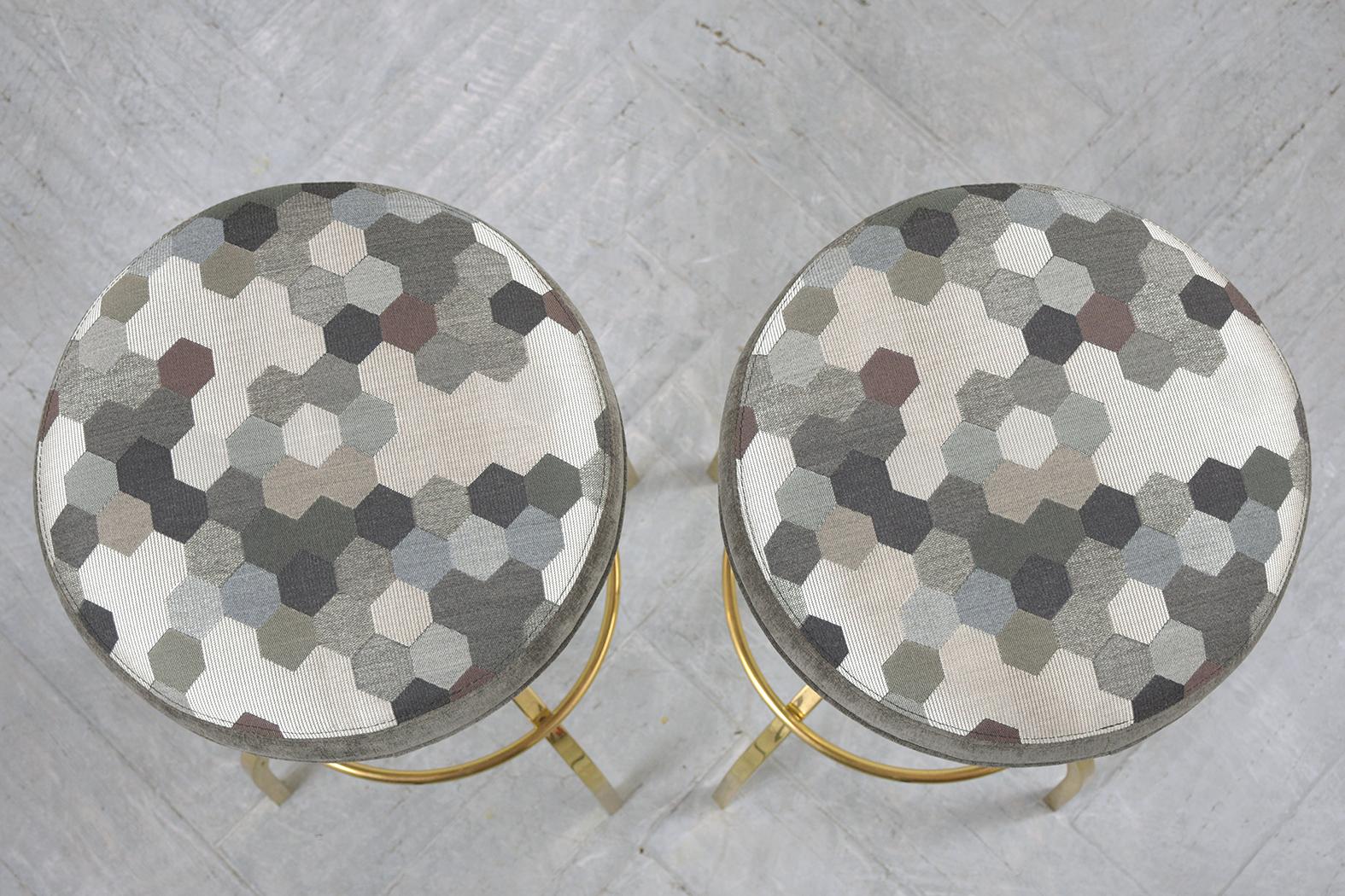 Restored Mid-Century Brass Swivel Bar Stools with Patterned Fabric Seats In Good Condition For Sale In Los Angeles, CA