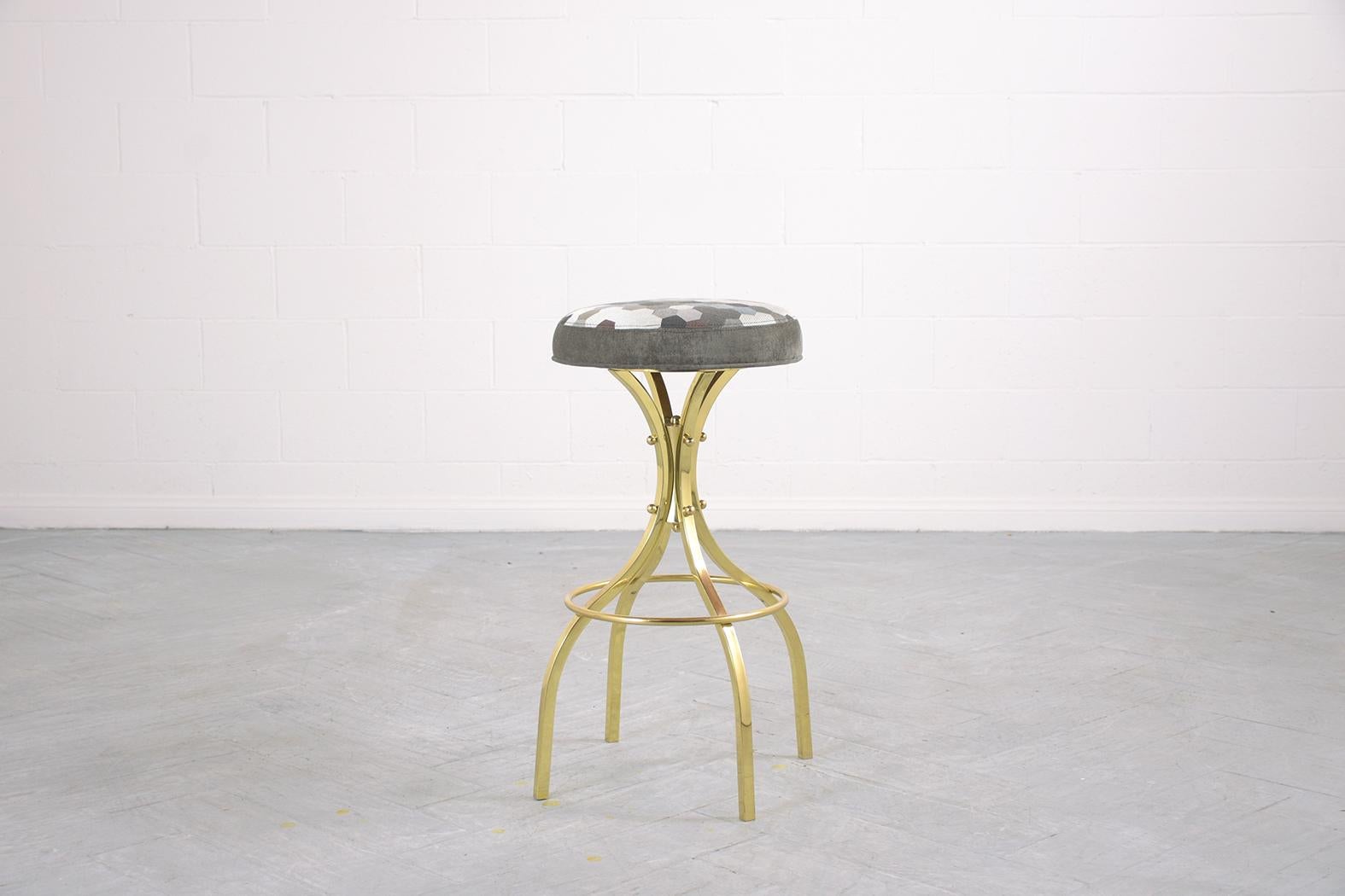 American Restored Mid-Century Brass Swivel Bar Stools with Patterned Fabric Seats For Sale