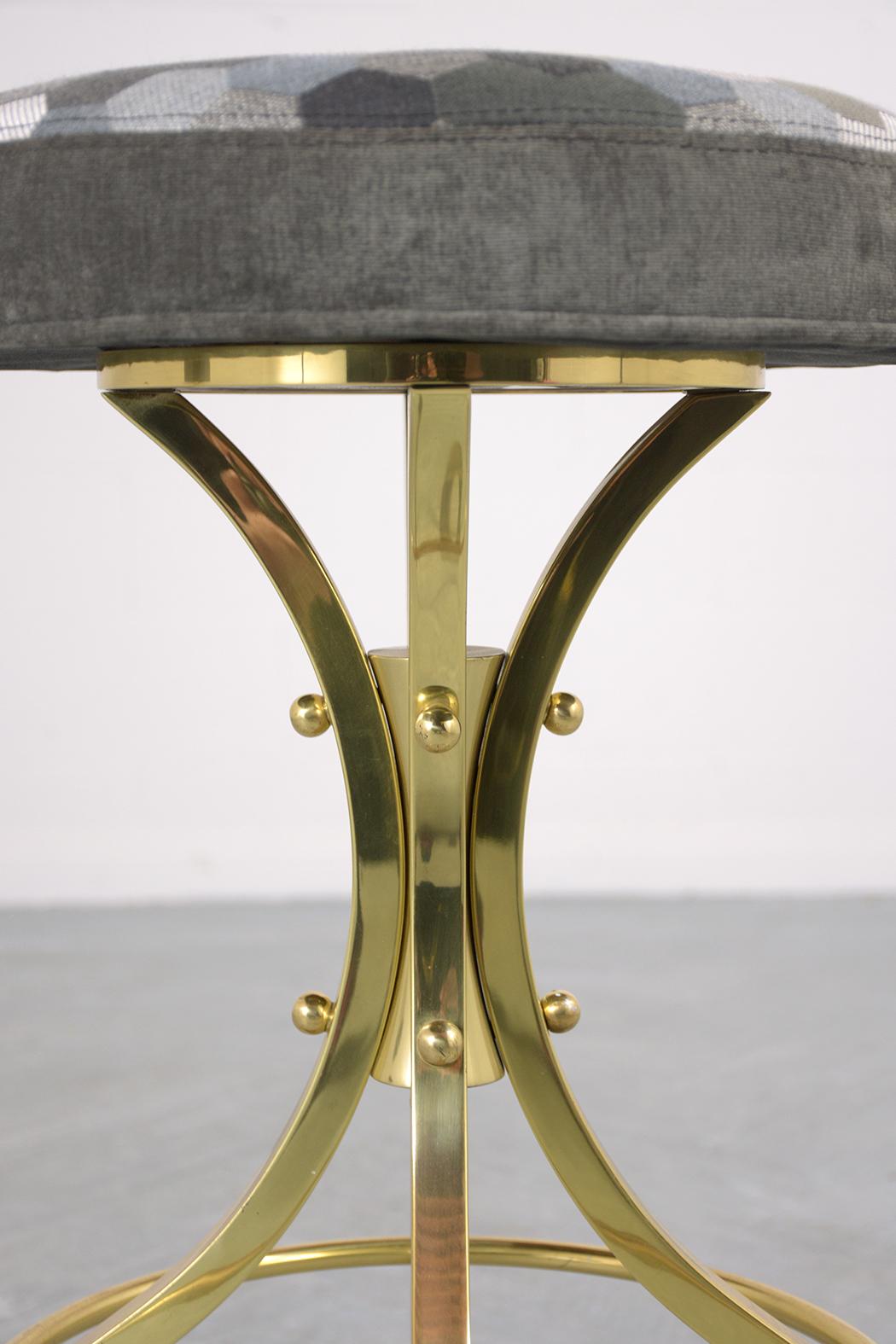Foam Restored Mid-Century Brass Swivel Bar Stools with Patterned Fabric Seats For Sale