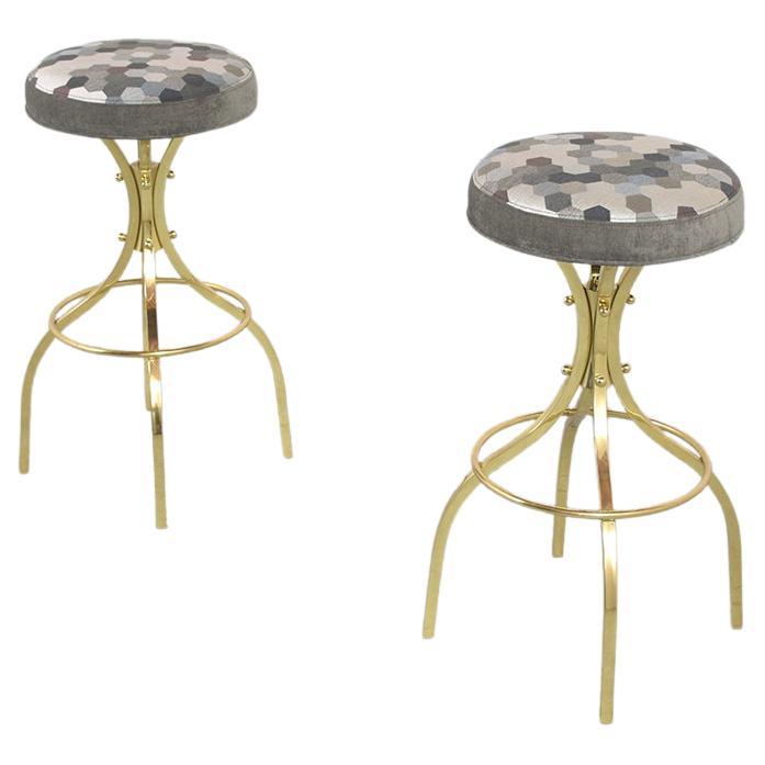 Restored Mid-Century Brass Swivel Bar Stools with Patterned Fabric Seats For Sale