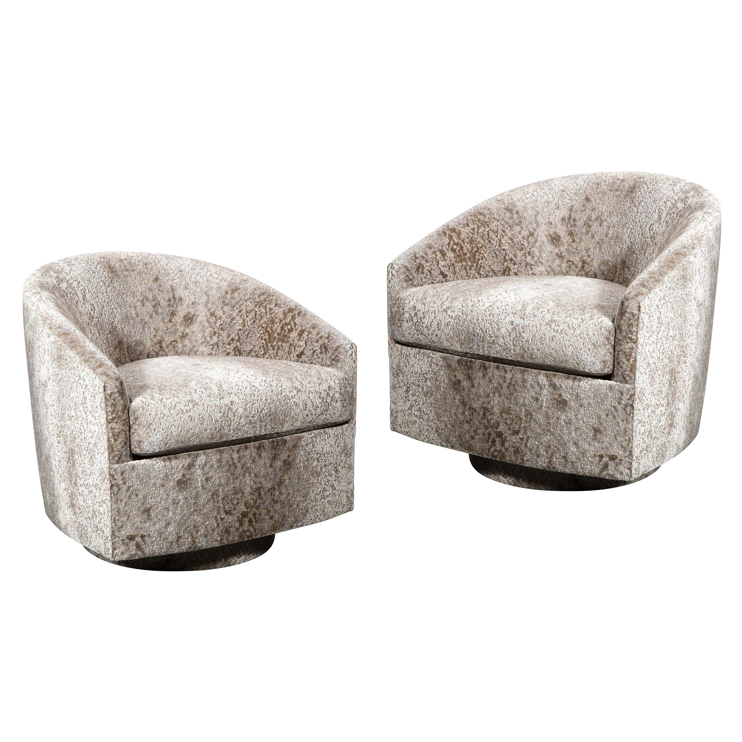 Pair of Mid Century Swivel Barrel Back Lounge Chairs in Holly Hunt Velvet