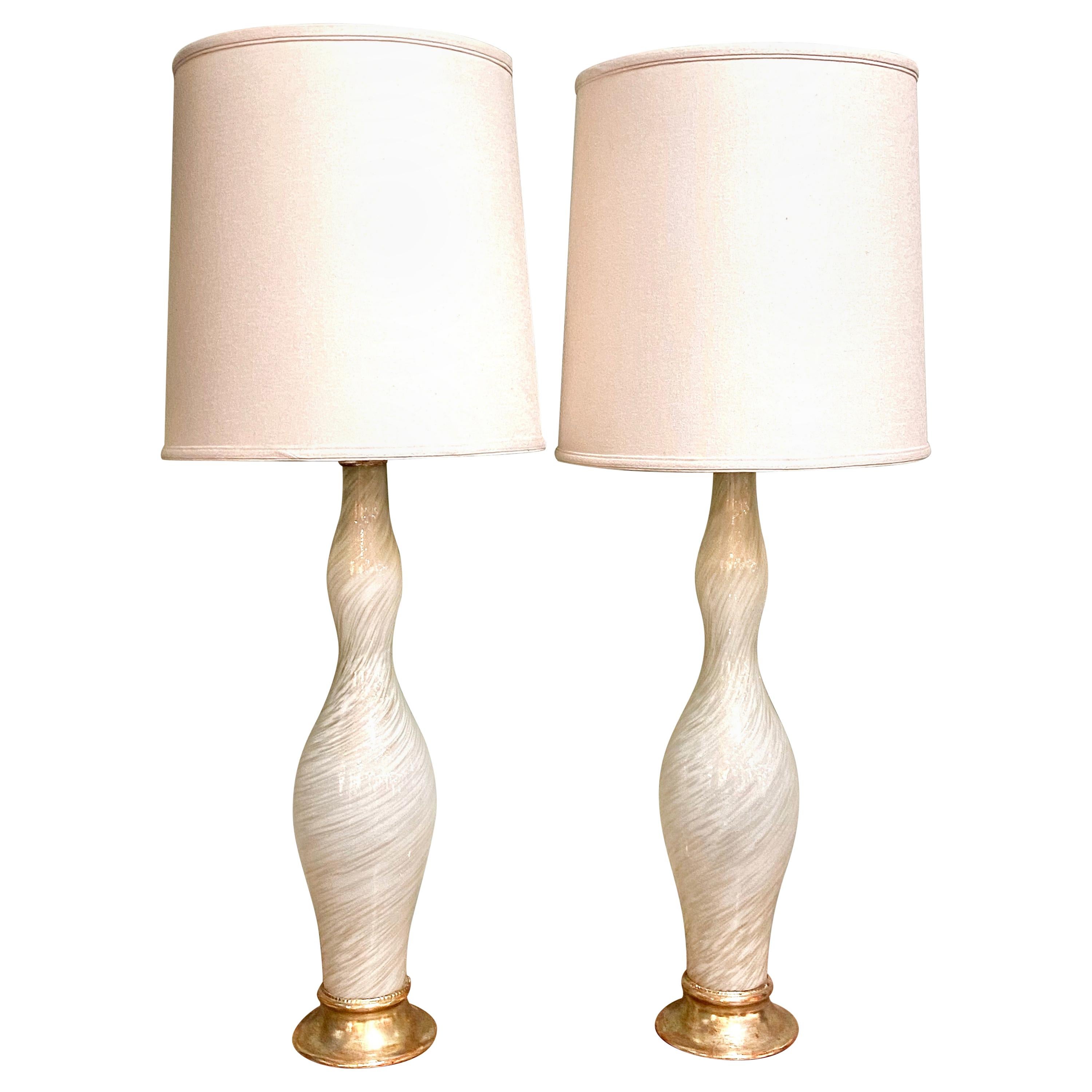 Lamps Vintage Tall Pair White Ceramic Gold Leaves Mid Century Hollywood Regency 20 Inches