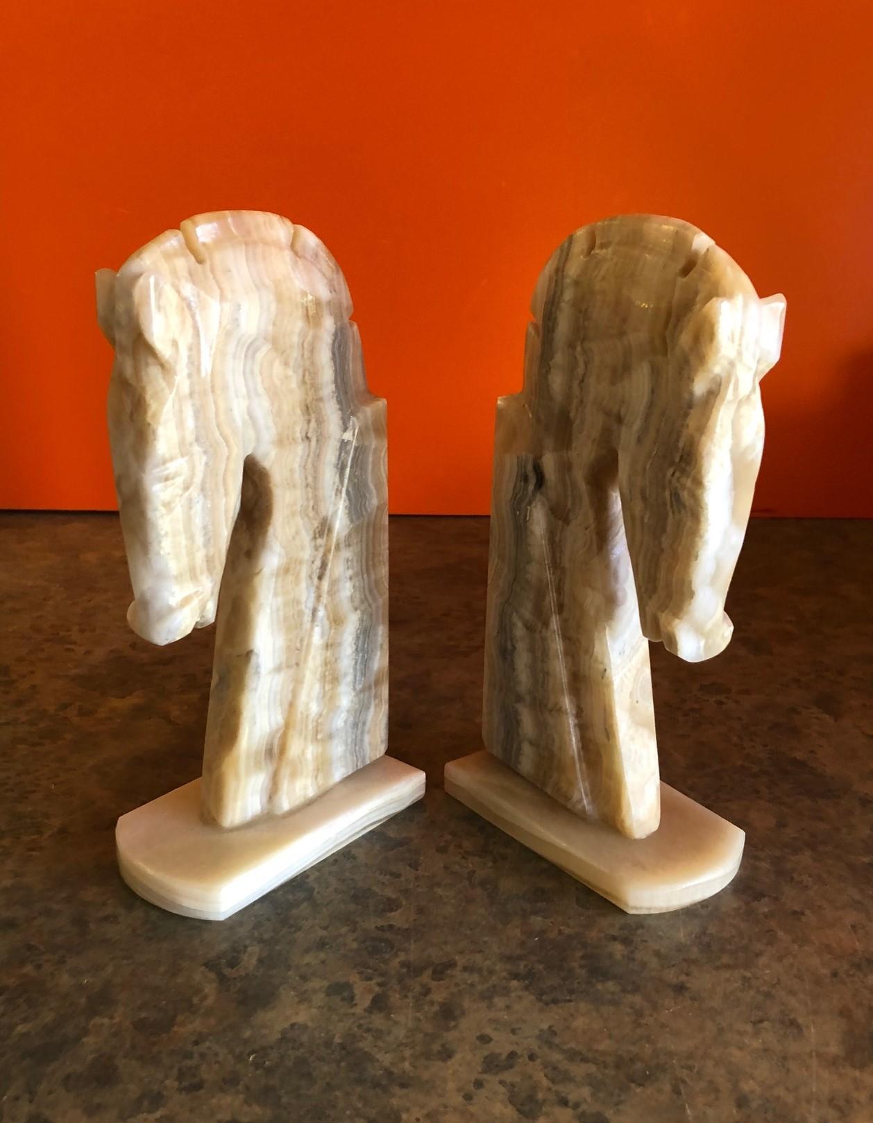 Mid-Century Modern Pair of Midcentury Tan / Grey Marble Horse Head Bookends