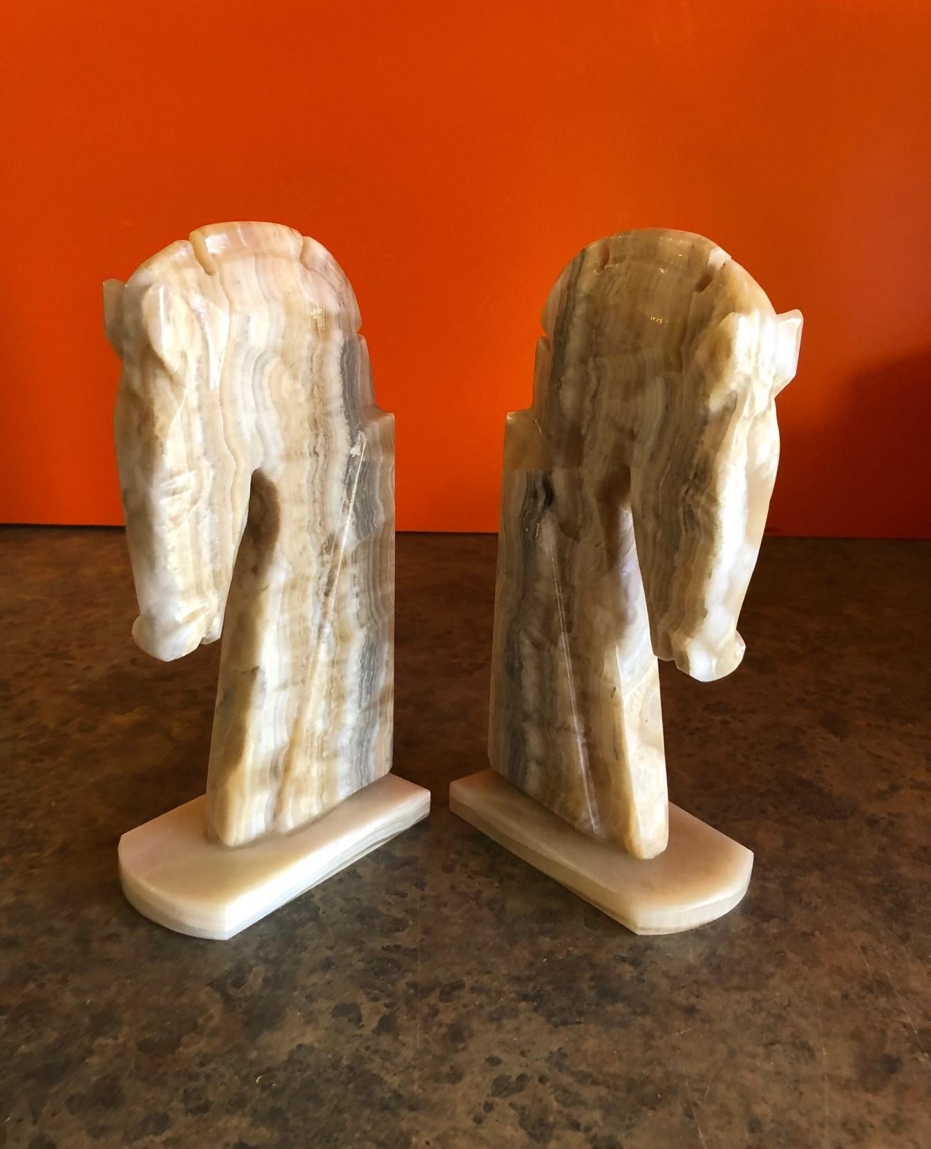 American Pair of Midcentury Tan / Grey Marble Horse Head Bookends