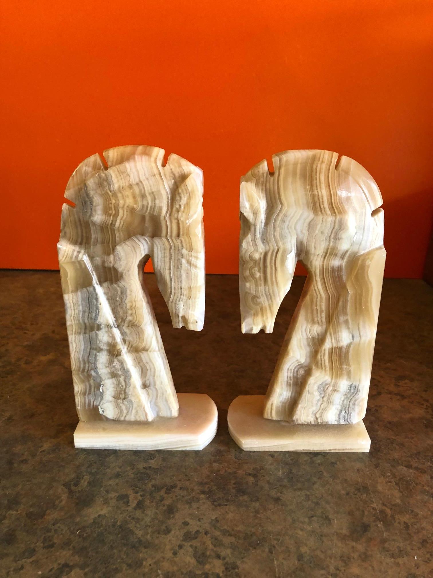 20th Century Pair of Midcentury Tan / Grey Marble Horse Head Bookends