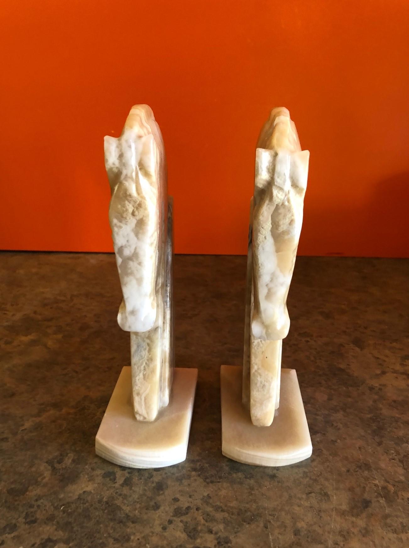 Pair of Midcentury Tan / Grey Marble Horse Head Bookends 1