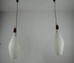 Pair of Mid-Century Teak and Opal Glass Pendant Lamps, Italy, 1960s