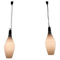 Pair of Mid-Century Teak and Opal Glass Pendant Lamps, Italy, 1960s
